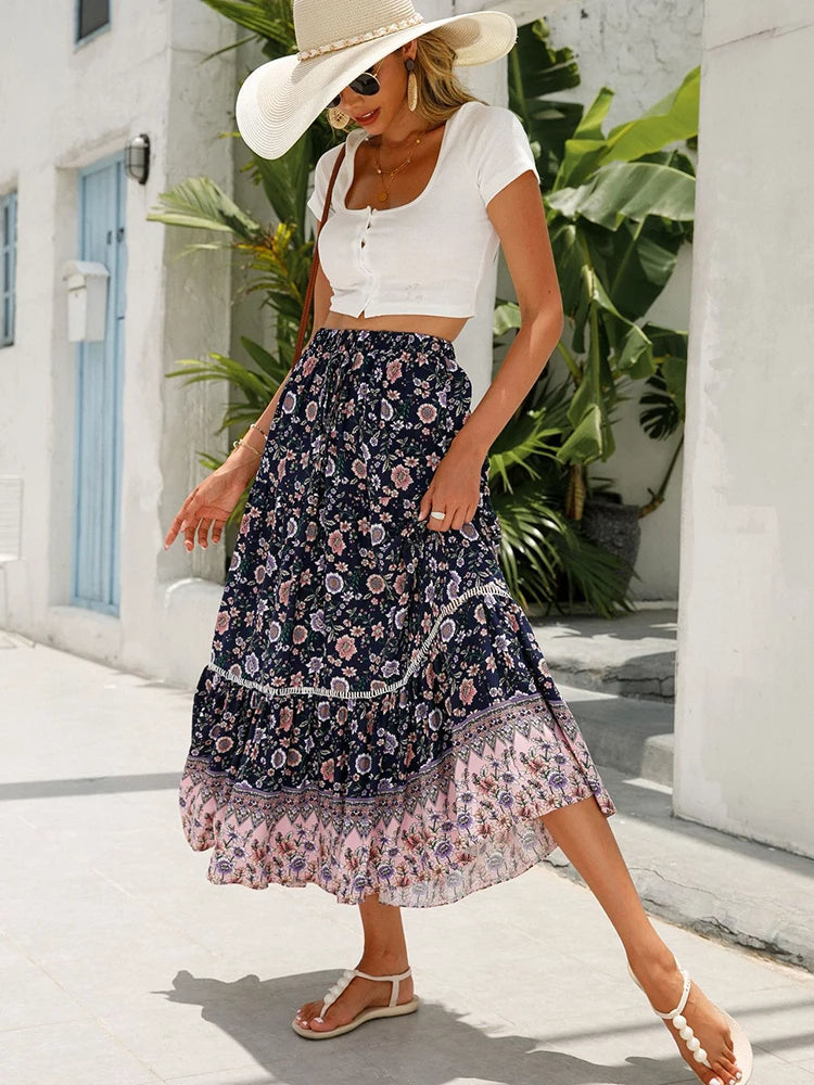 Calista | Long Floral Elastic Waist Skirt