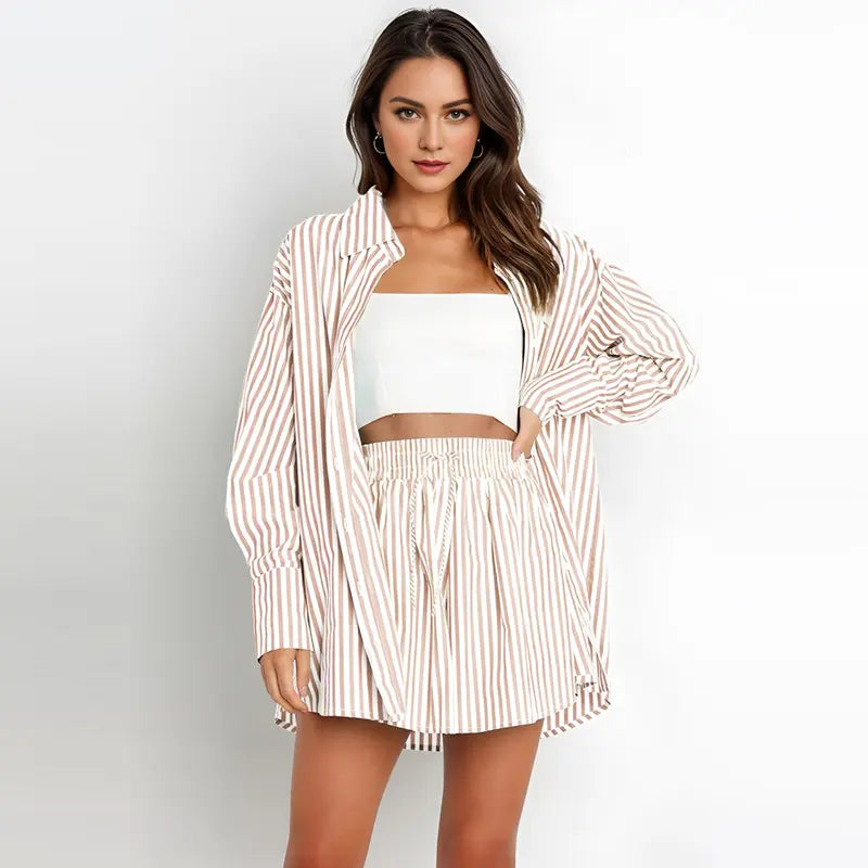 TIFY™ – Chic Striped Collared Shirt and Wide-Leg Shorts Set