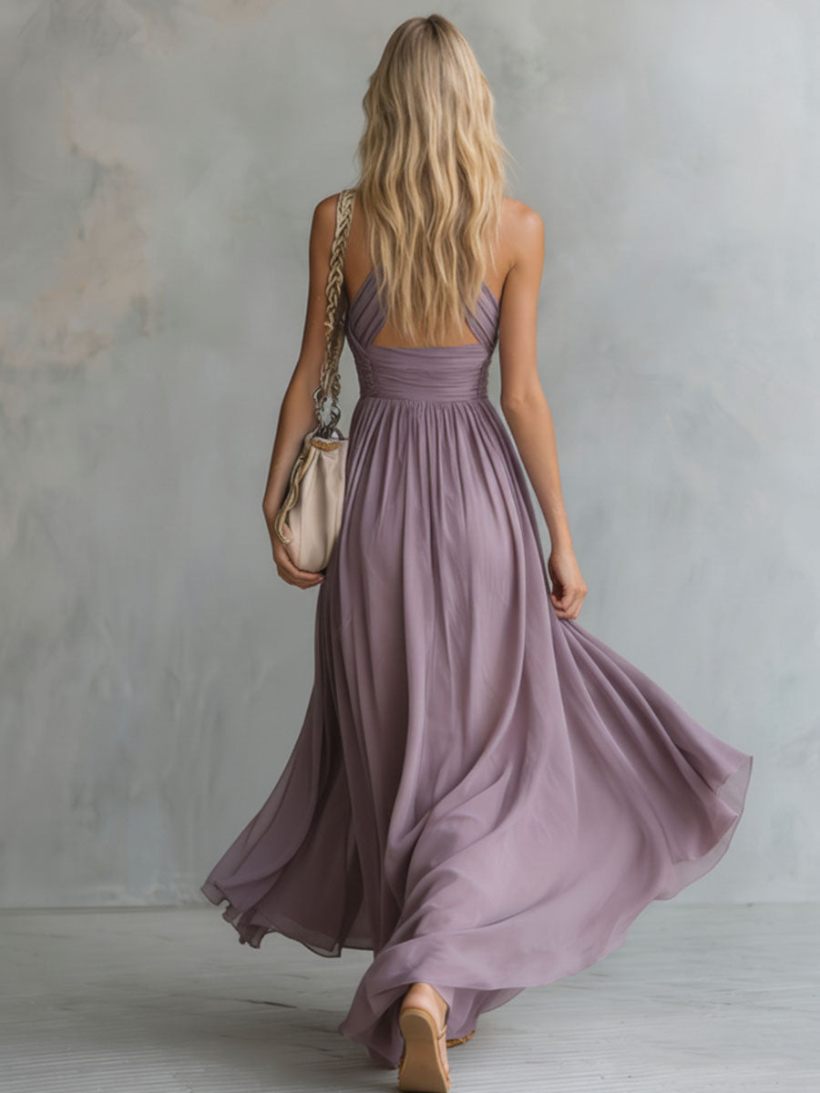 Amara | Halter Chiffon Maxi Dress with Flowing Skirt
