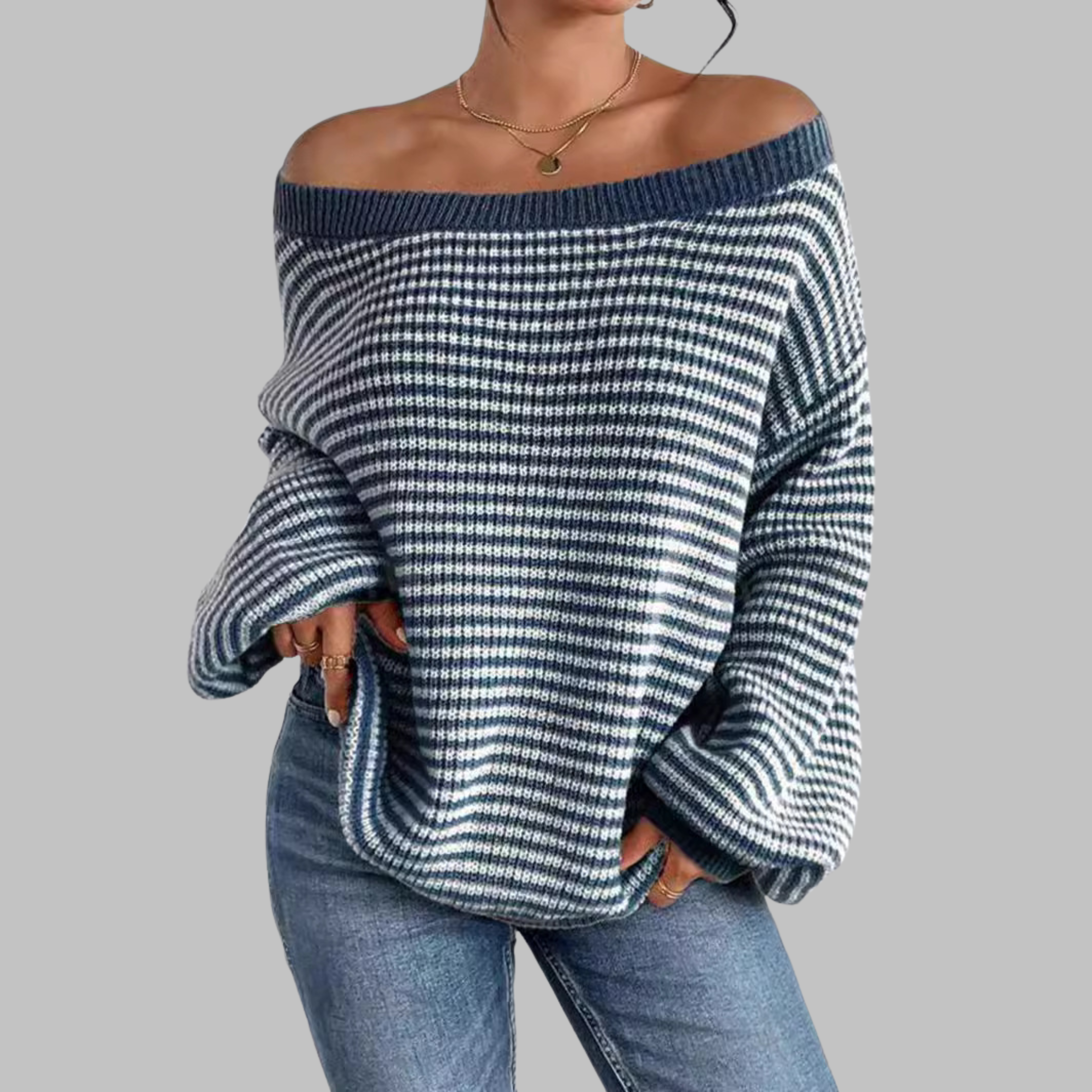 POSHIKO™ - Casual Striped Drop Shoulder Long Sleeve Sweater