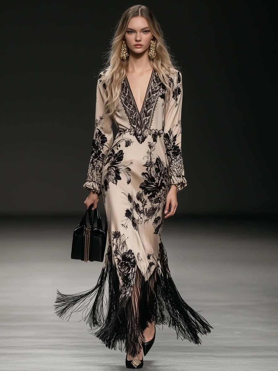 Seraphine | Satin Maxi Dress with Tassel Hem