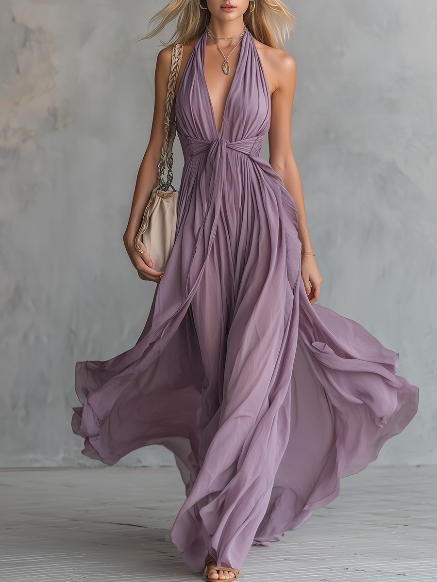 Amara | Halter Chiffon Maxi Dress with Flowing Skirt