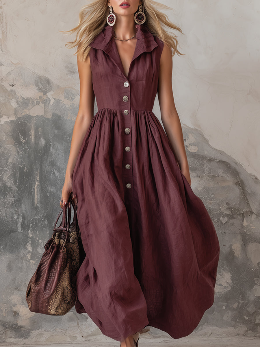 Valentina | Sleeveless Linen Maxi Dress with Button Front