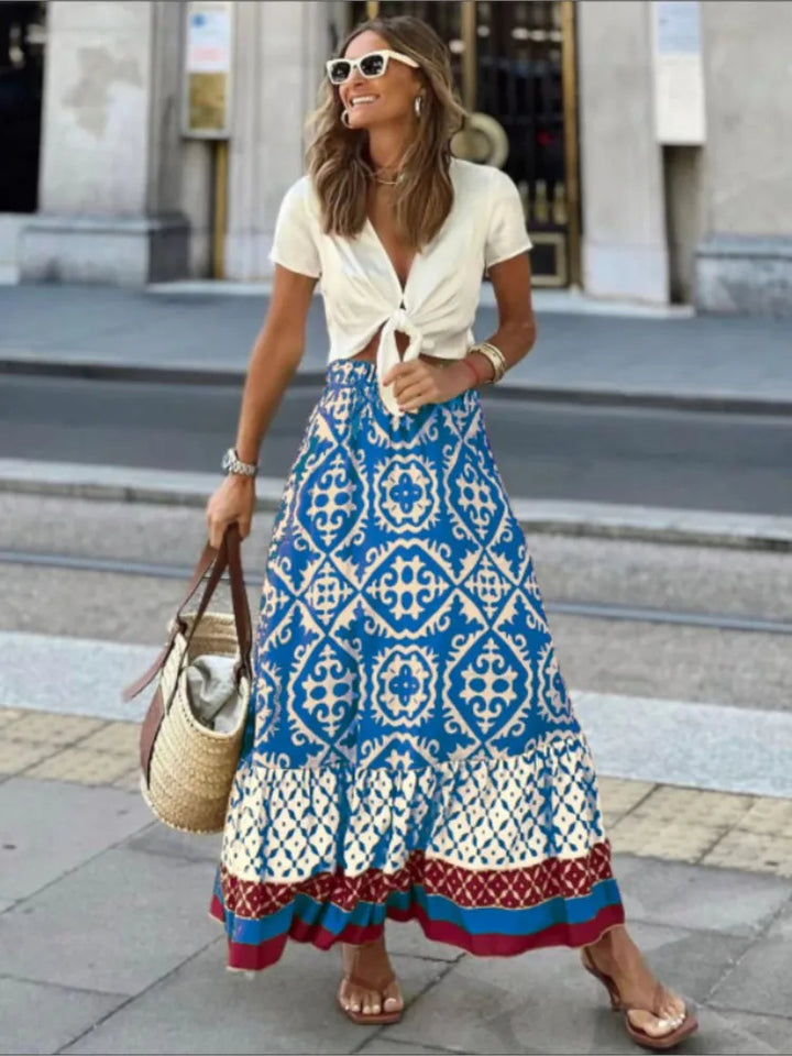 Calista | Long Floral Elastic Waist Skirt