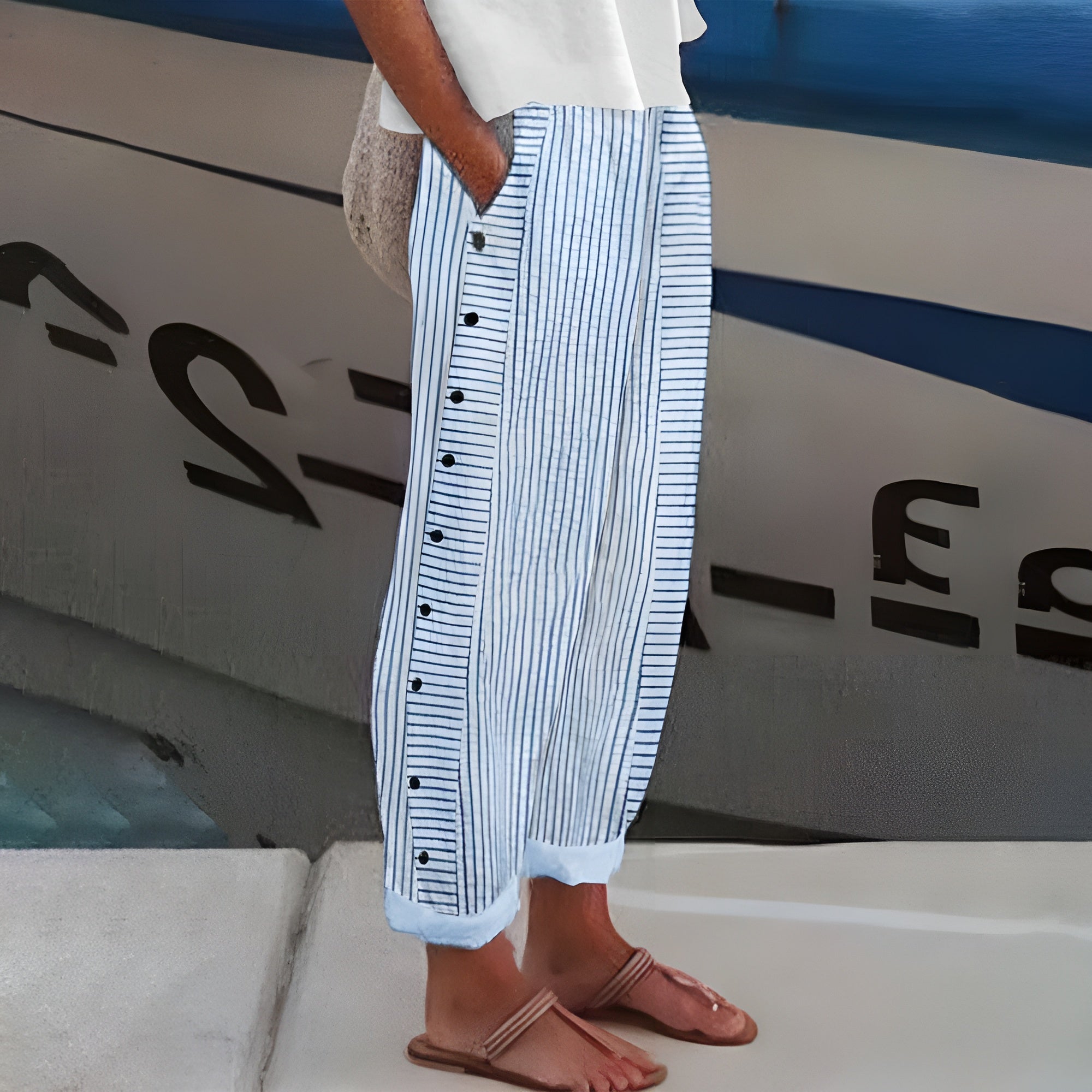 Maristelle | Striped Wide Leg Button Pants