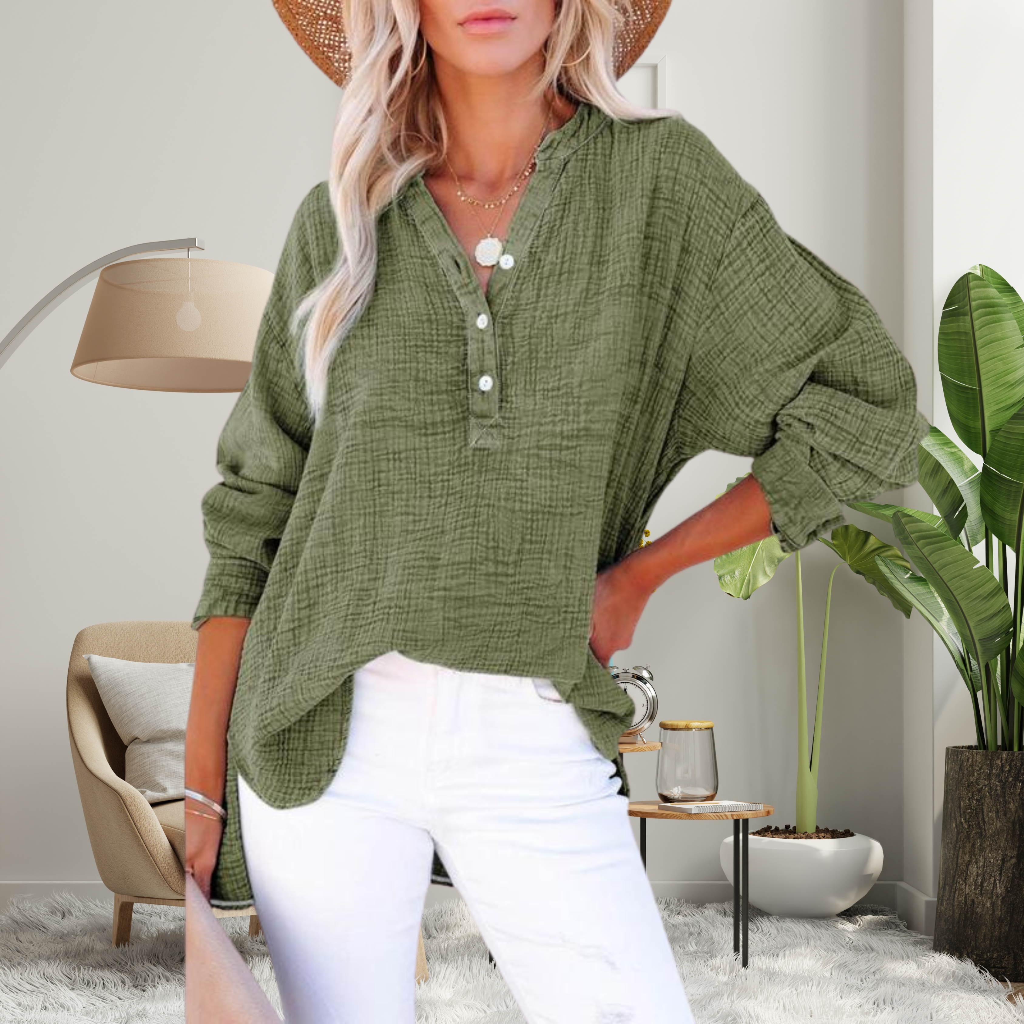 BRYLIN™ - Casual Button V-Neck Long Sleeve Oversized Blouse
