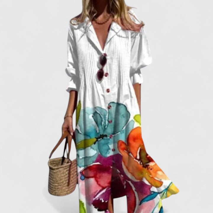 Marina | Leaf Print Button Front Maxi Dress