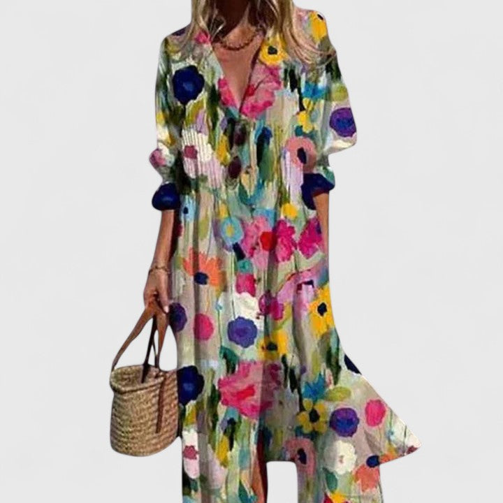 Marina | Leaf Print Button Front Maxi Dress