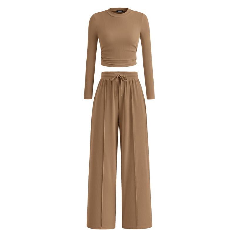 MIRELA™ - Ribbed Knit Long Sleeve Crop Top and Matching Pants Set
