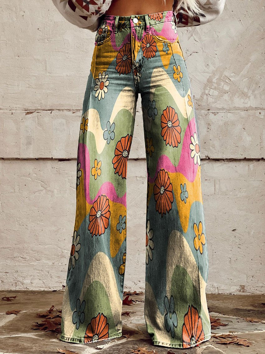 Daisy | High Waist Boho Floral Wide Leg Pants