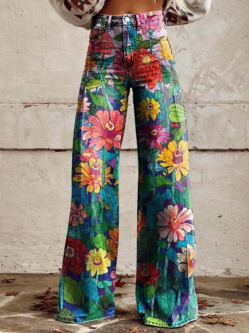 Daisy | High Waist Boho Floral Wide Leg Pants