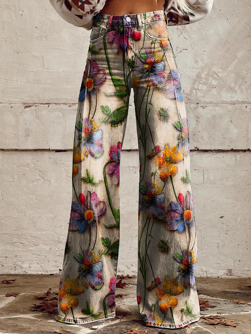 Daisy | High Waist Boho Floral Wide Leg Pants