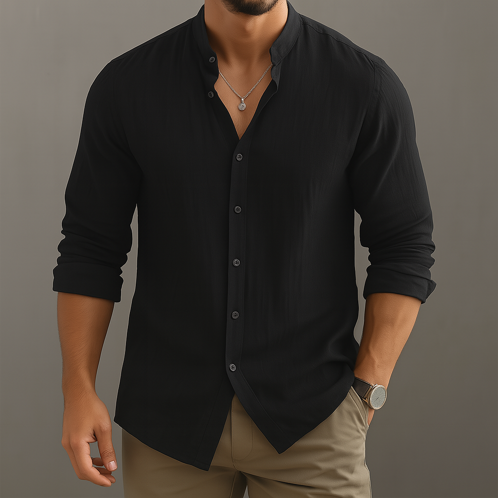 Avani | Linen Band Collar Long Sleeve Shirt