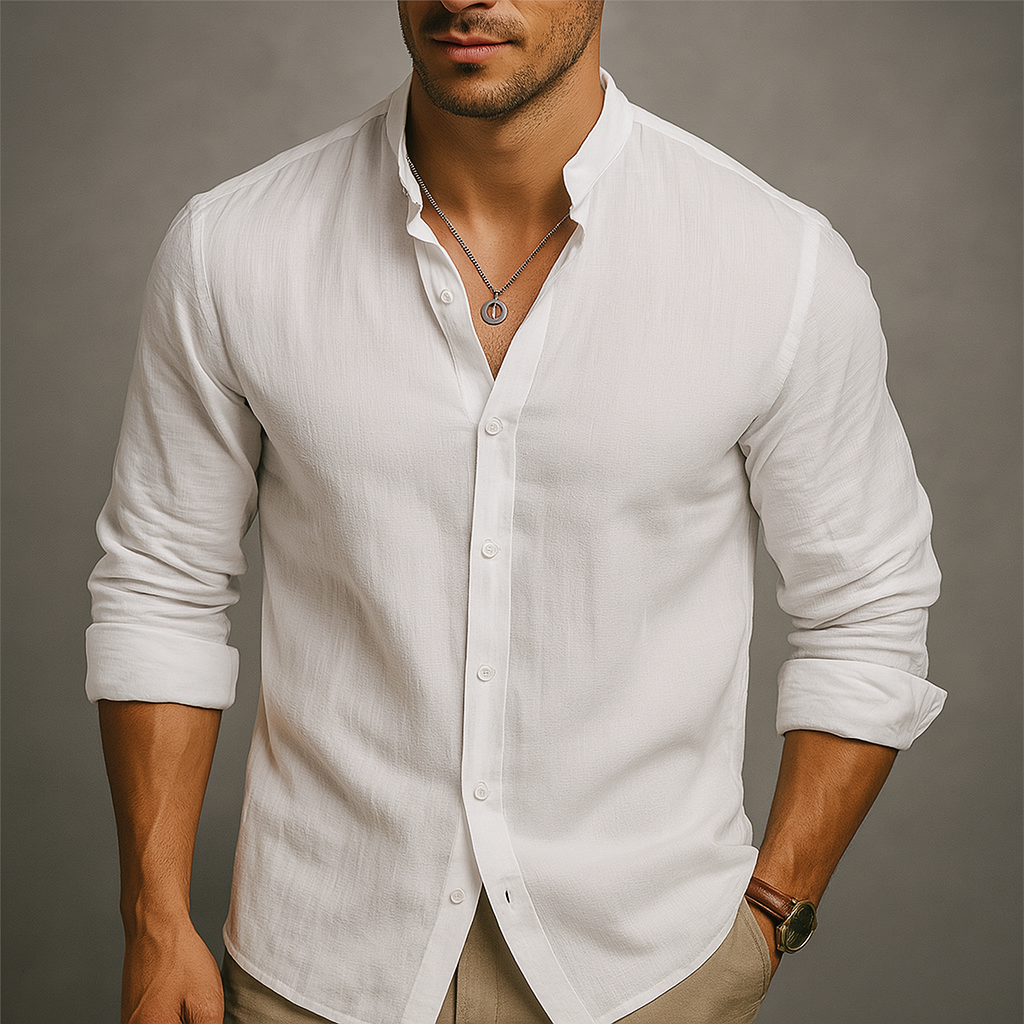 Avani | Linen Band Collar Long Sleeve Shirt