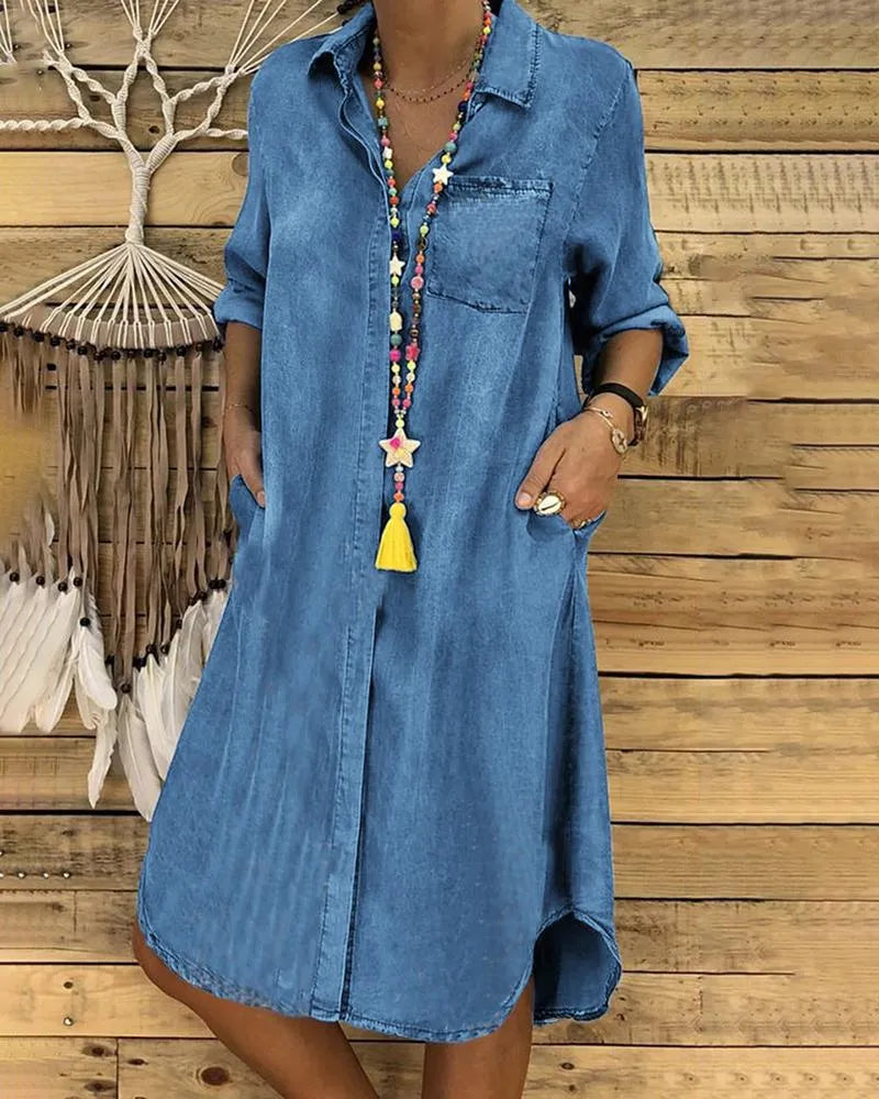 Elvina | Denim Button-Front Shirt Dress with Chest Pocket