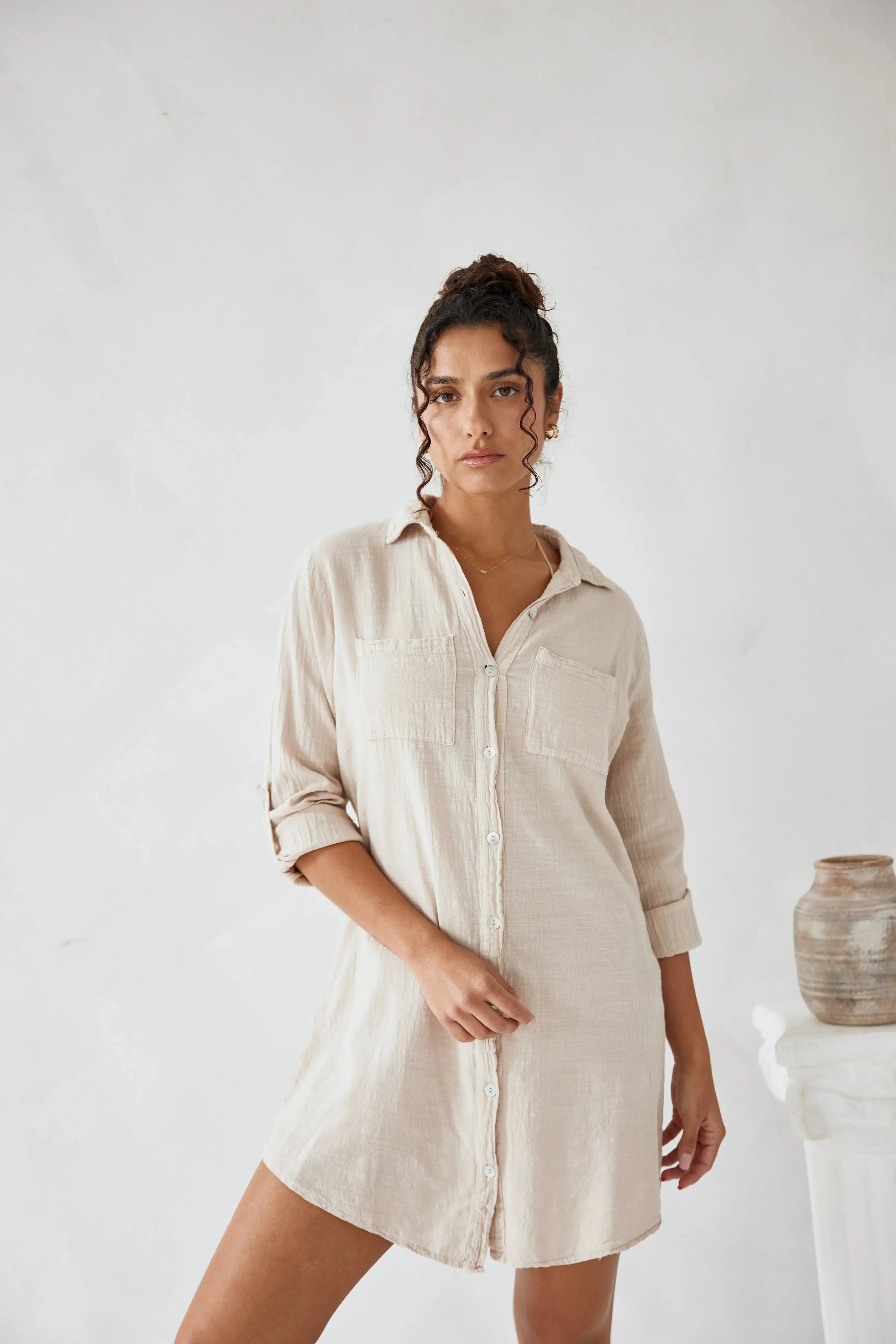 Elaris | Oversized Button-Down Shirt Dress with Chest Pockets