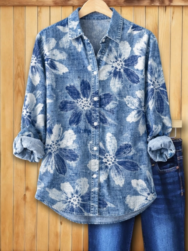 Flora | Women's Floral Denim Button-Up Shirt