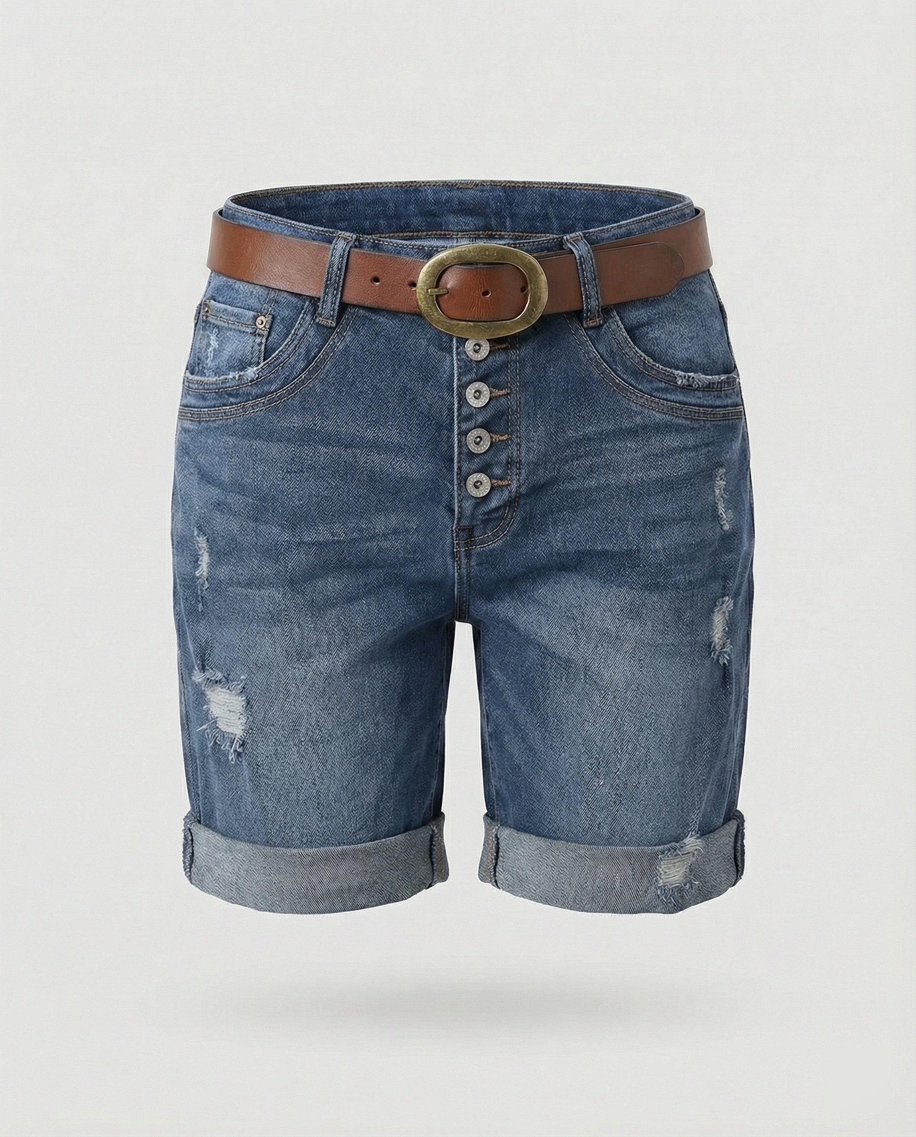Isla | Women's High-Waisted Distressed Button-Fly Denim Shorts