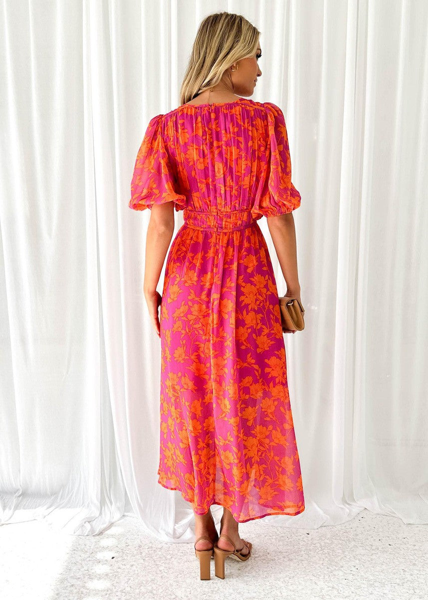 Solara | Floral Puff Sleeve Midi Dress