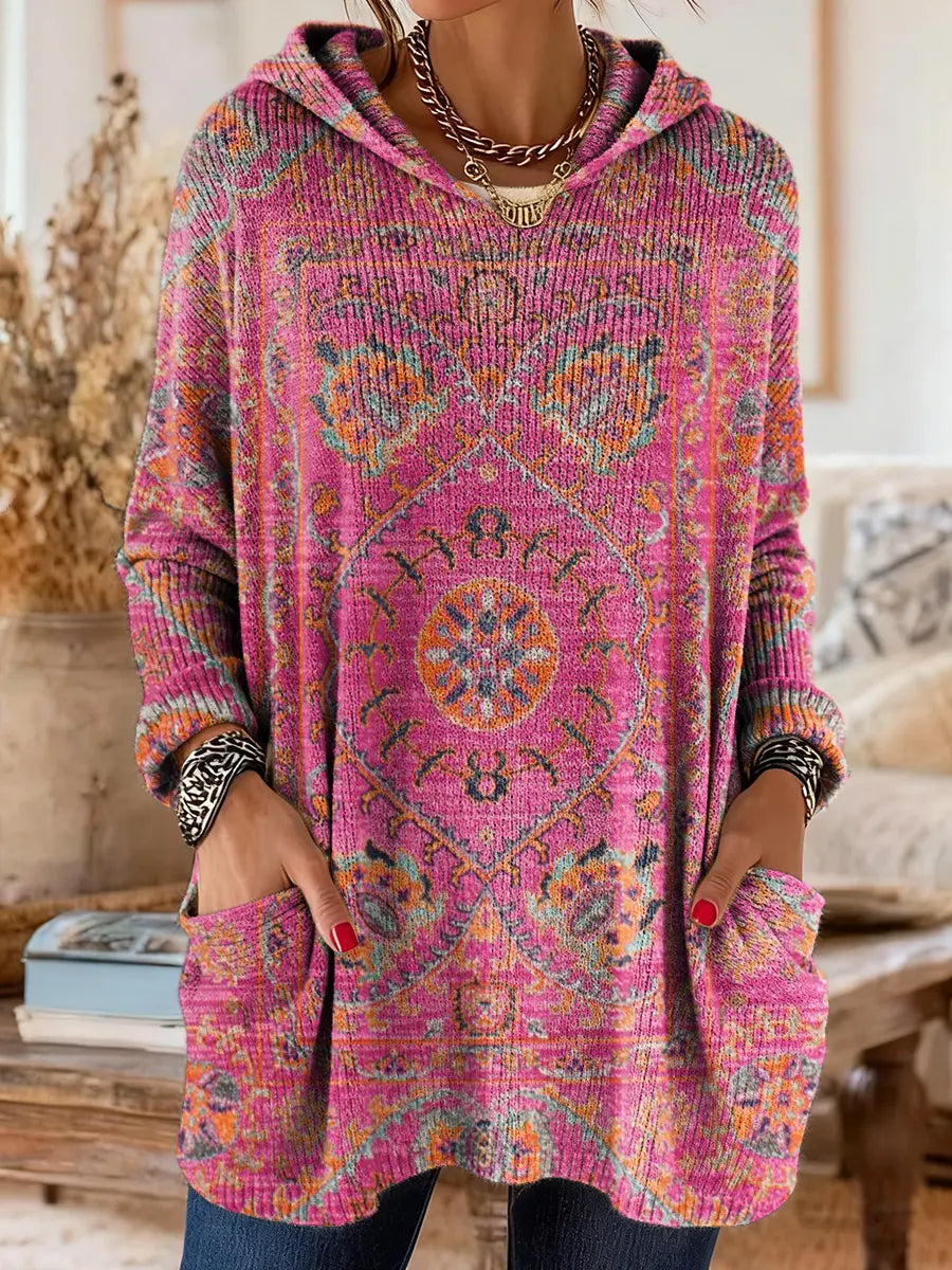 Mira | Women's Boho Hooded Knit Sweater with Ethnic Print