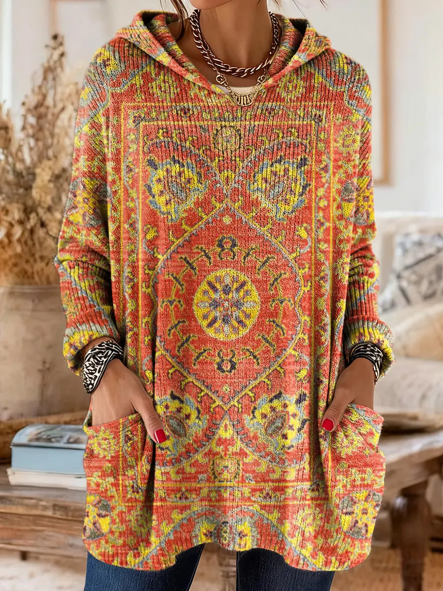 Mira | Women's Boho Hooded Knit Sweater with Ethnic Print