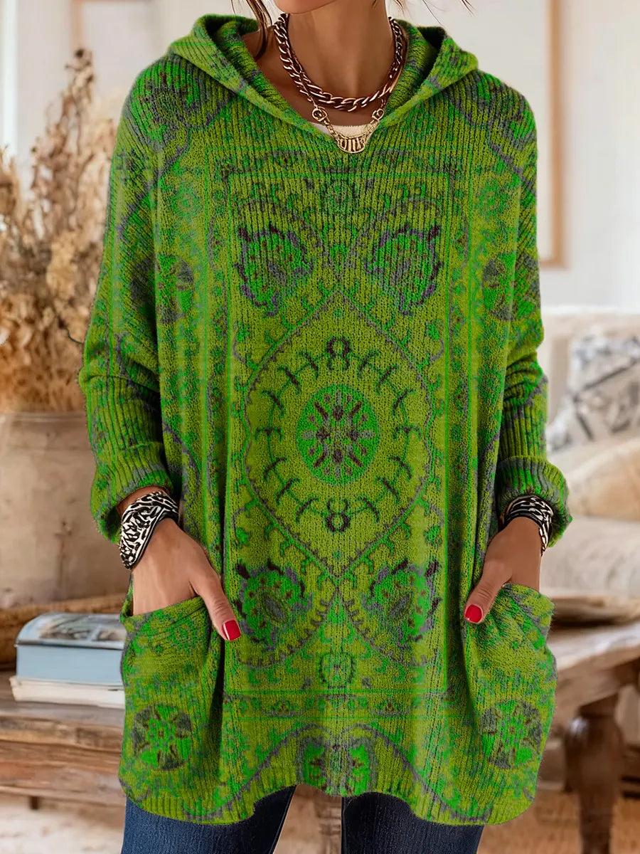 Mira | Women's Boho Hooded Knit Sweater with Ethnic Print