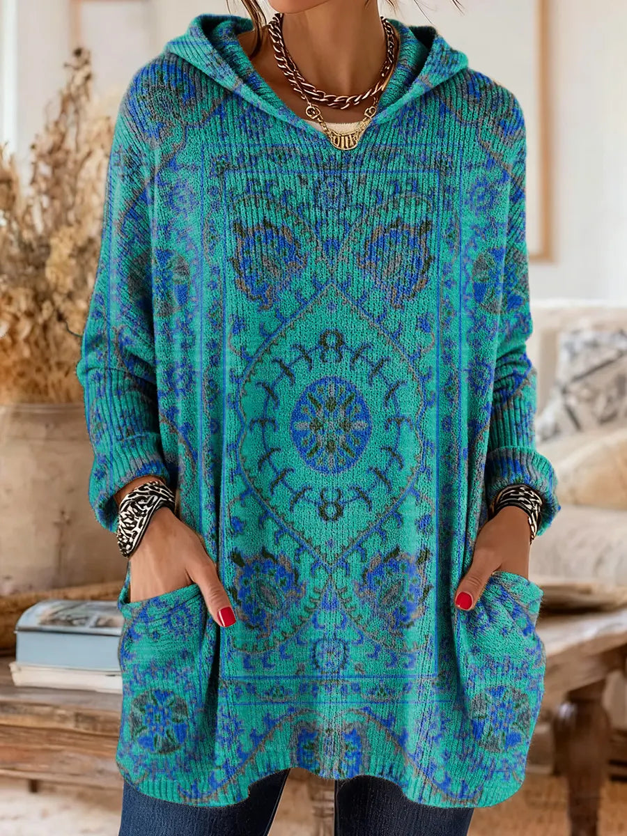 Mira | Women's Boho Hooded Knit Sweater with Ethnic Print