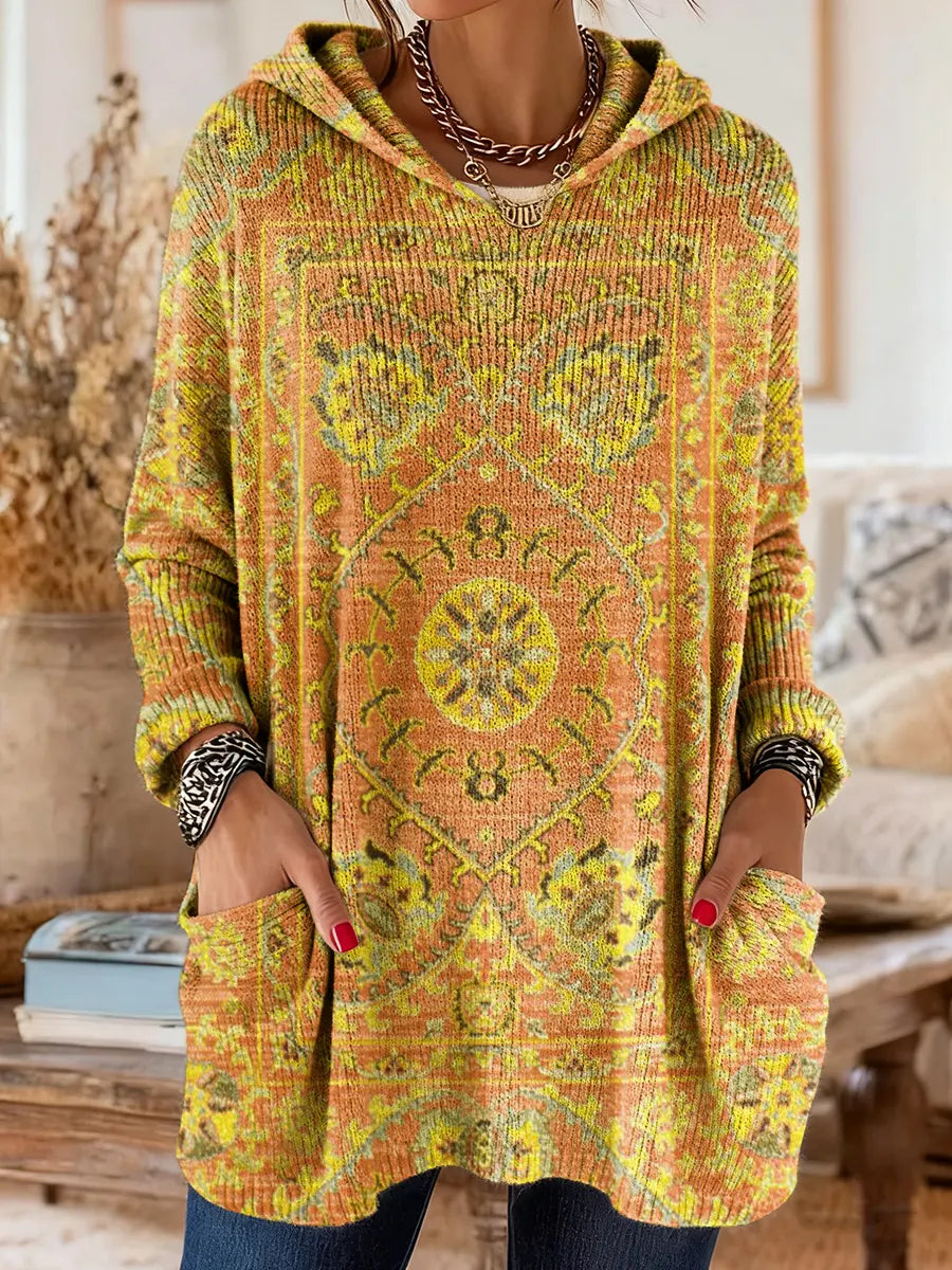 Mira | Women's Boho Hooded Knit Sweater with Ethnic Print