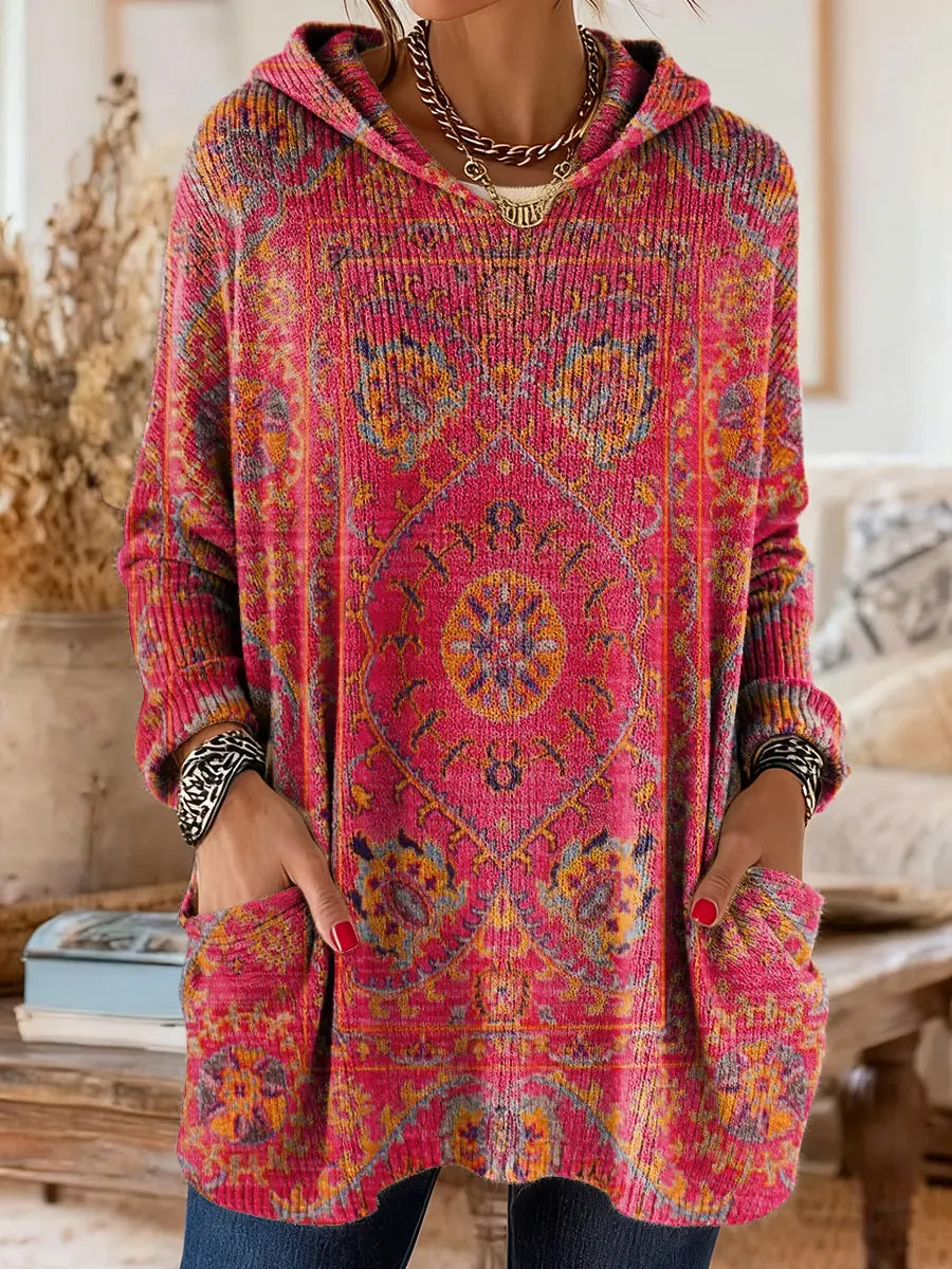 Mira | Women's Boho Hooded Knit Sweater with Ethnic Print