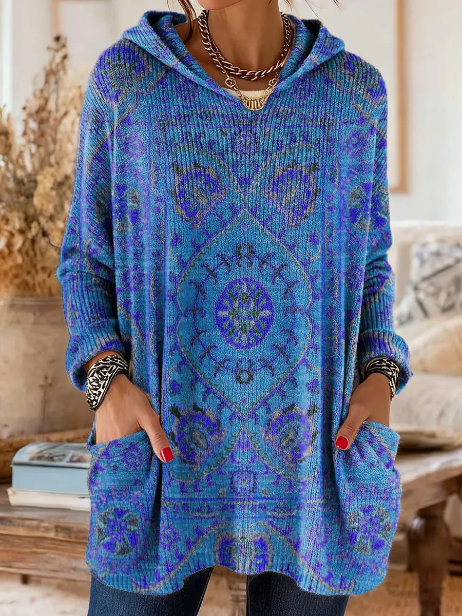 Mira | Women's Boho Hooded Knit Sweater with Ethnic Print