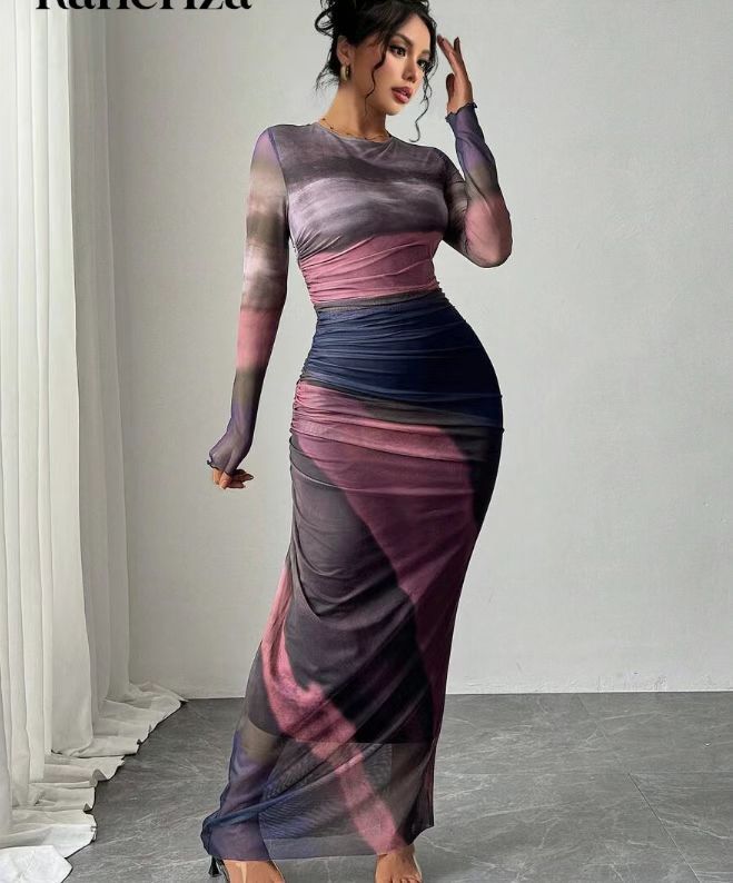 JULIA™ - Comfy Printed Long Sleeve Round Neck Bodycon Maxi Dress