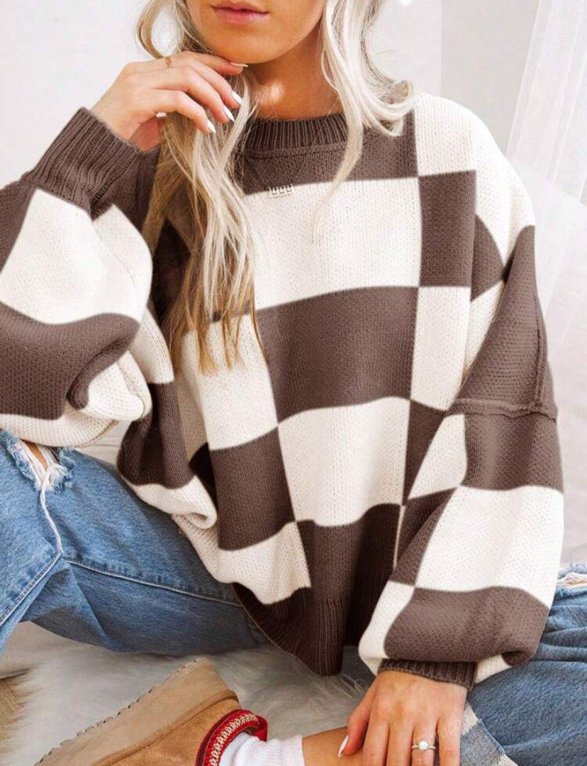REVERIE™ - Casual Plaid Long Sleeve Round Neck Sweater