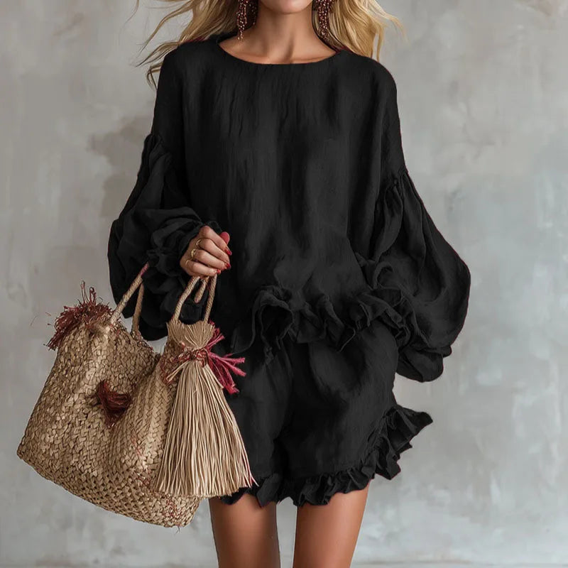 Thalina | Ruffle Hem Mini Dress with Balloon Sleeves