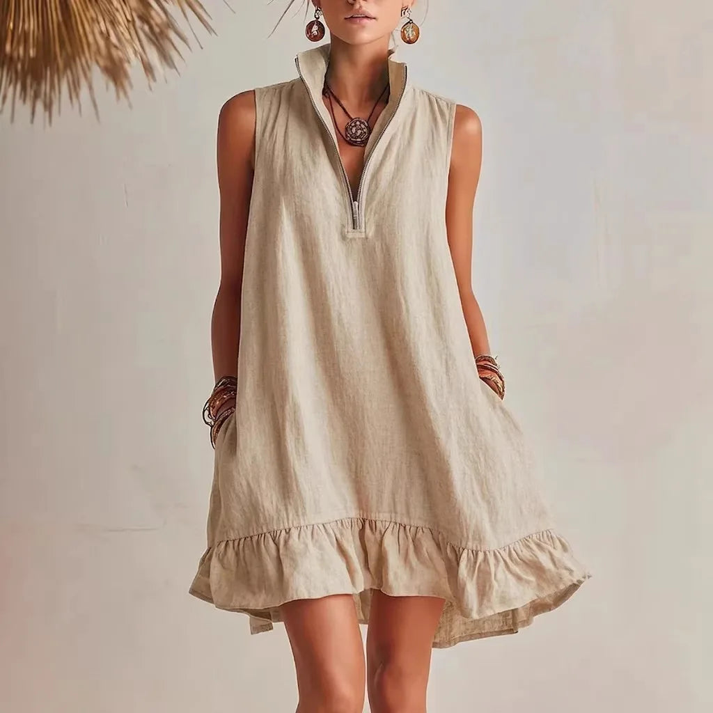 Mila | Sleeveless Ruffle Hem Mini Dress with Zip Neck