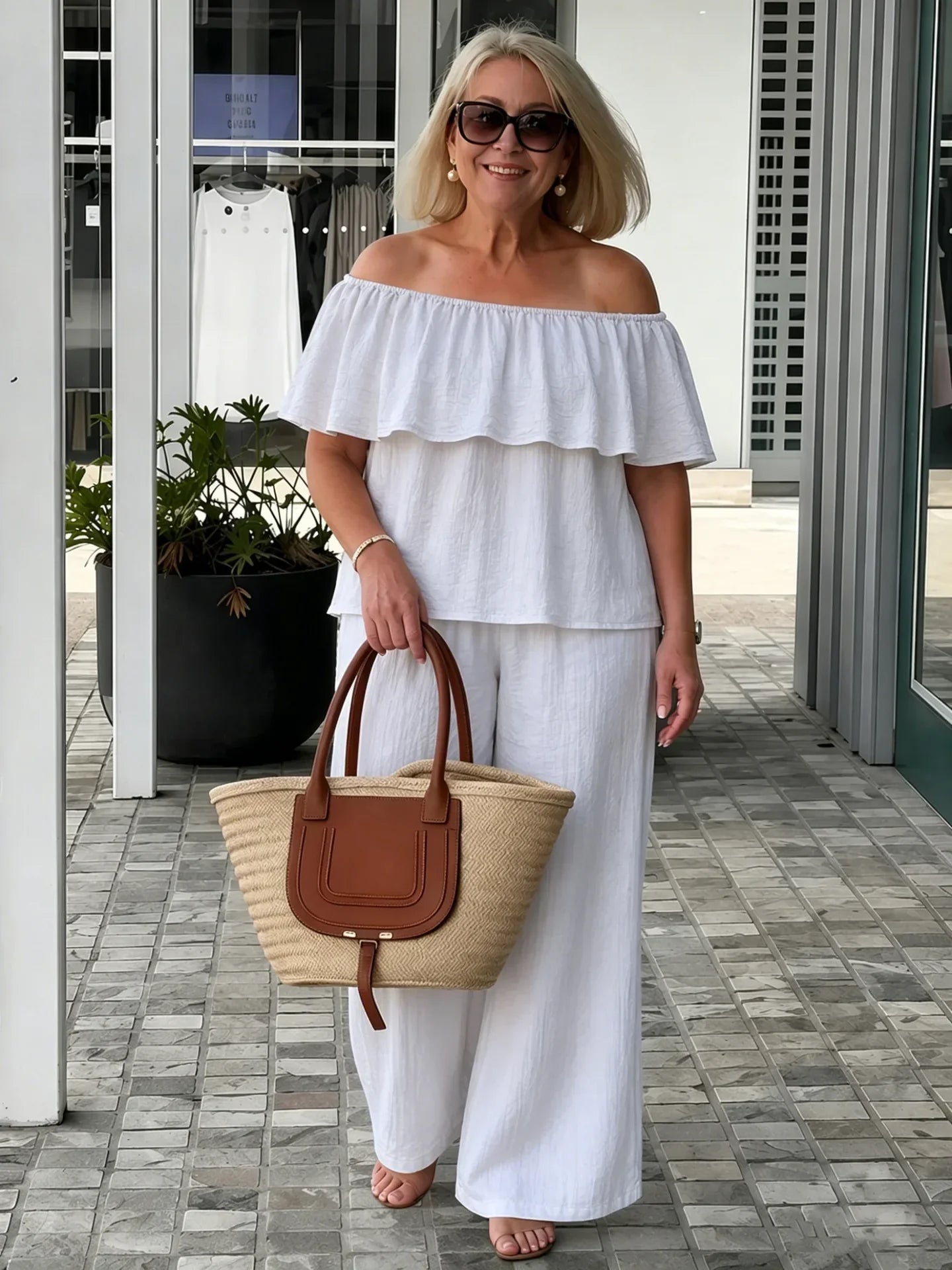 Alessia | Off-Shoulder Lounge Set with Wide Leg Pants