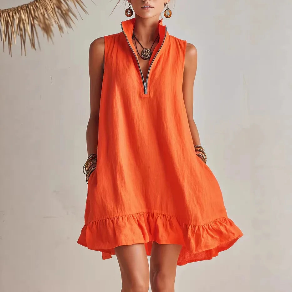 Mila | Sleeveless Ruffle Hem Mini Dress with Zip Neck