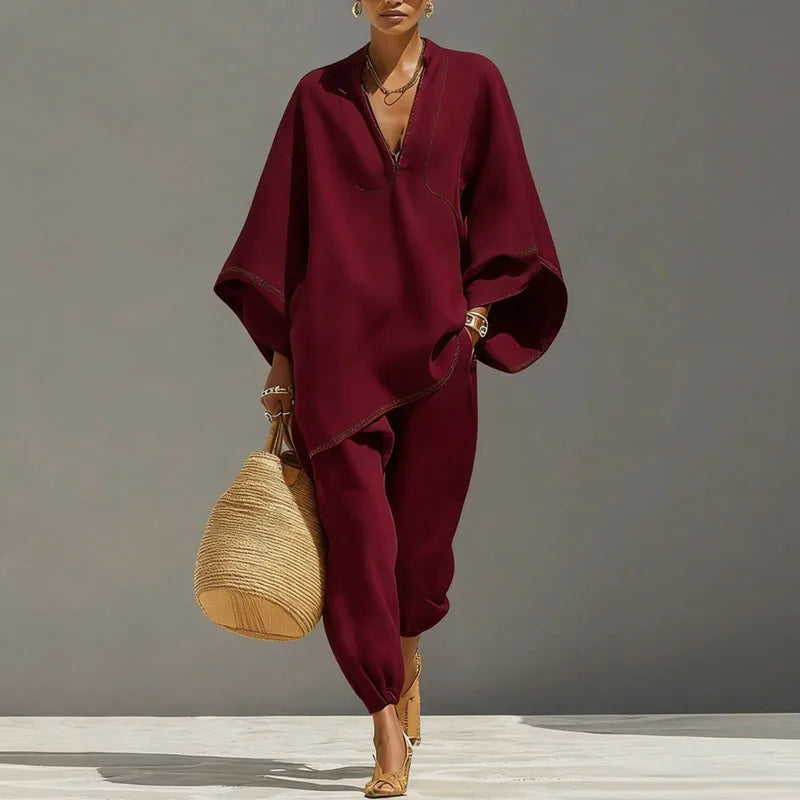 Cordella | Relaxed Linen Two Piece Set V Neck Top Pants