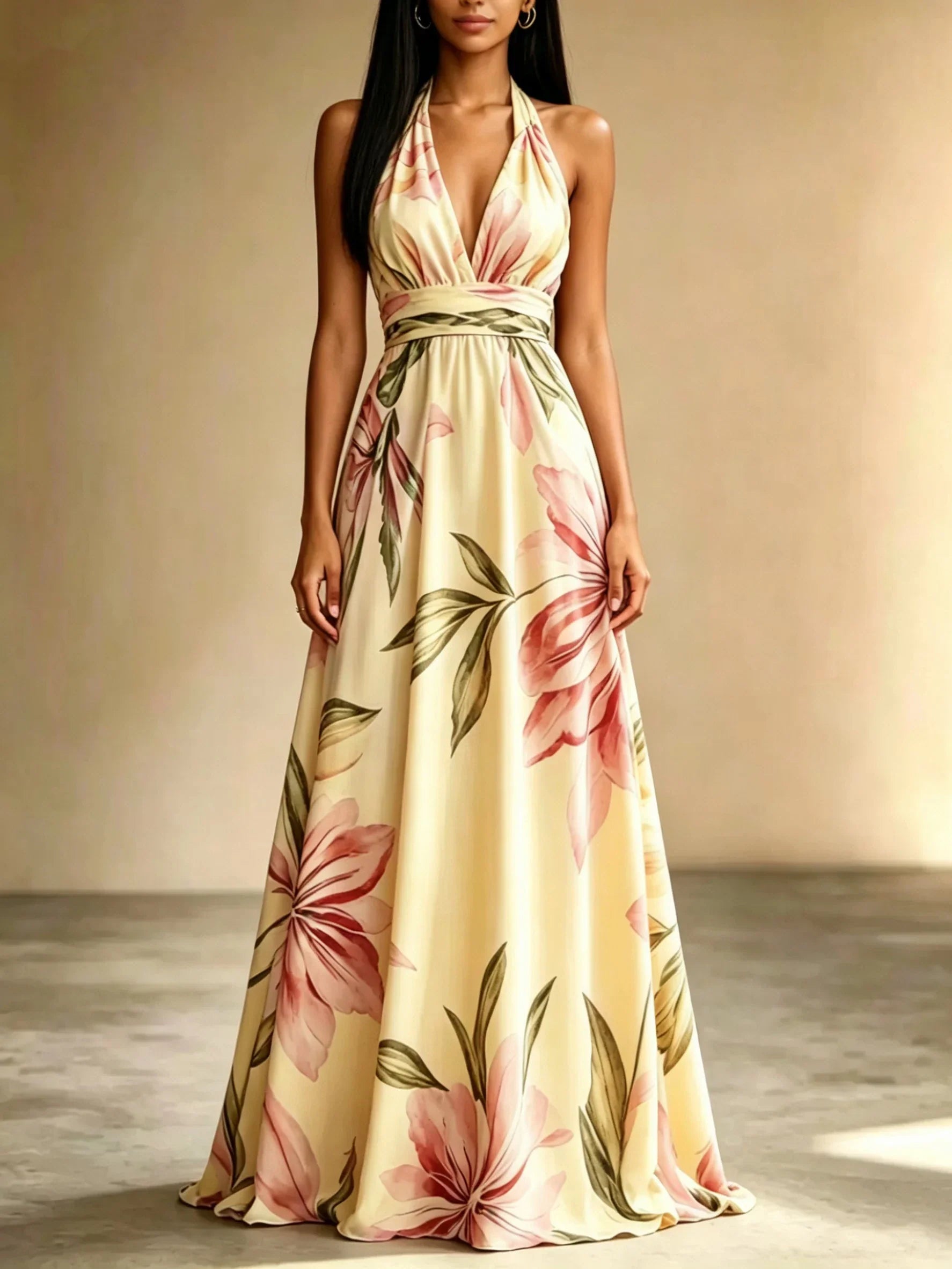Loraine | Floral Halter Maxi Dress Wedding Guest Dress