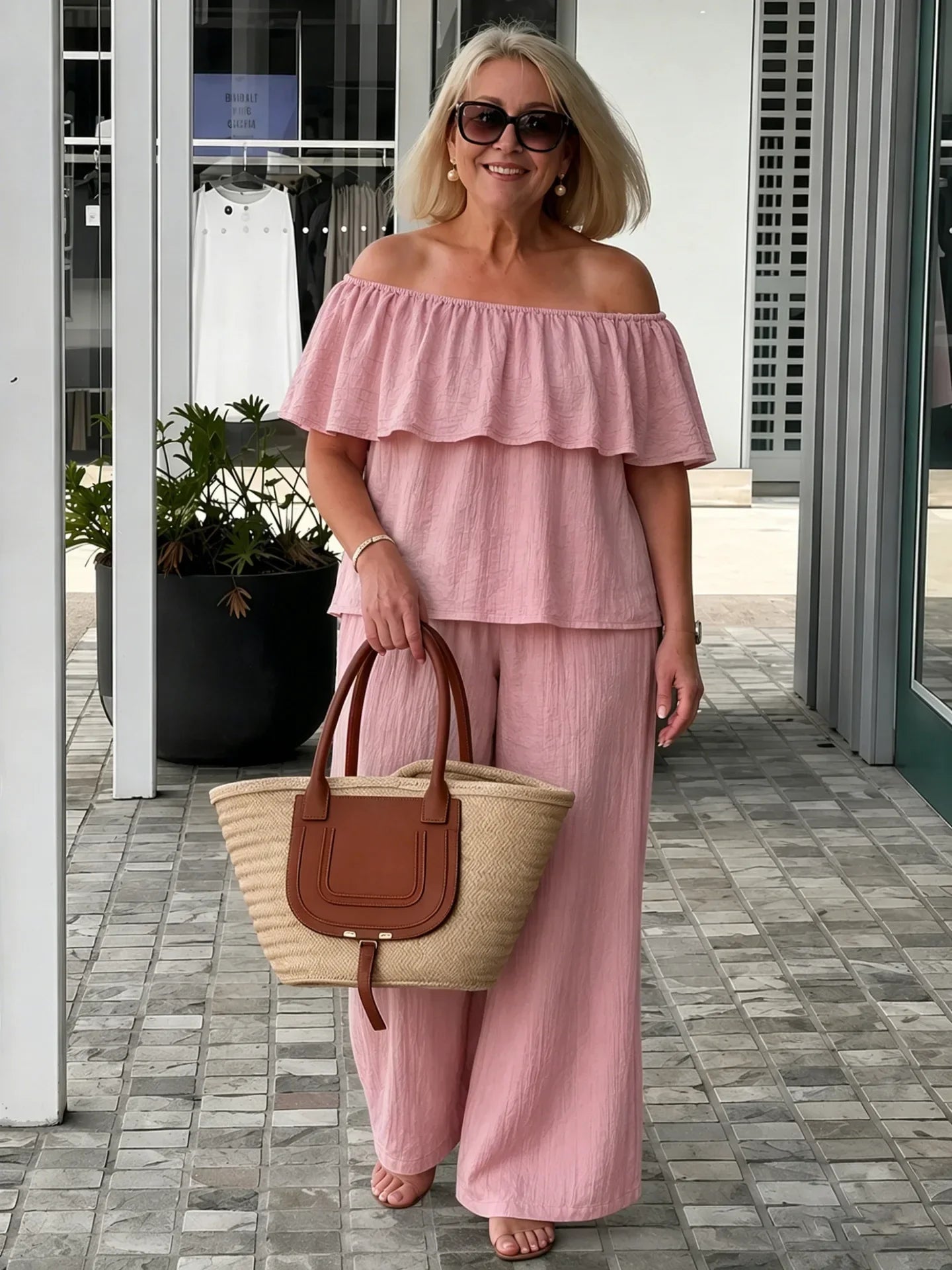 Alessia | Off-Shoulder Lounge Set with Wide Leg Pants