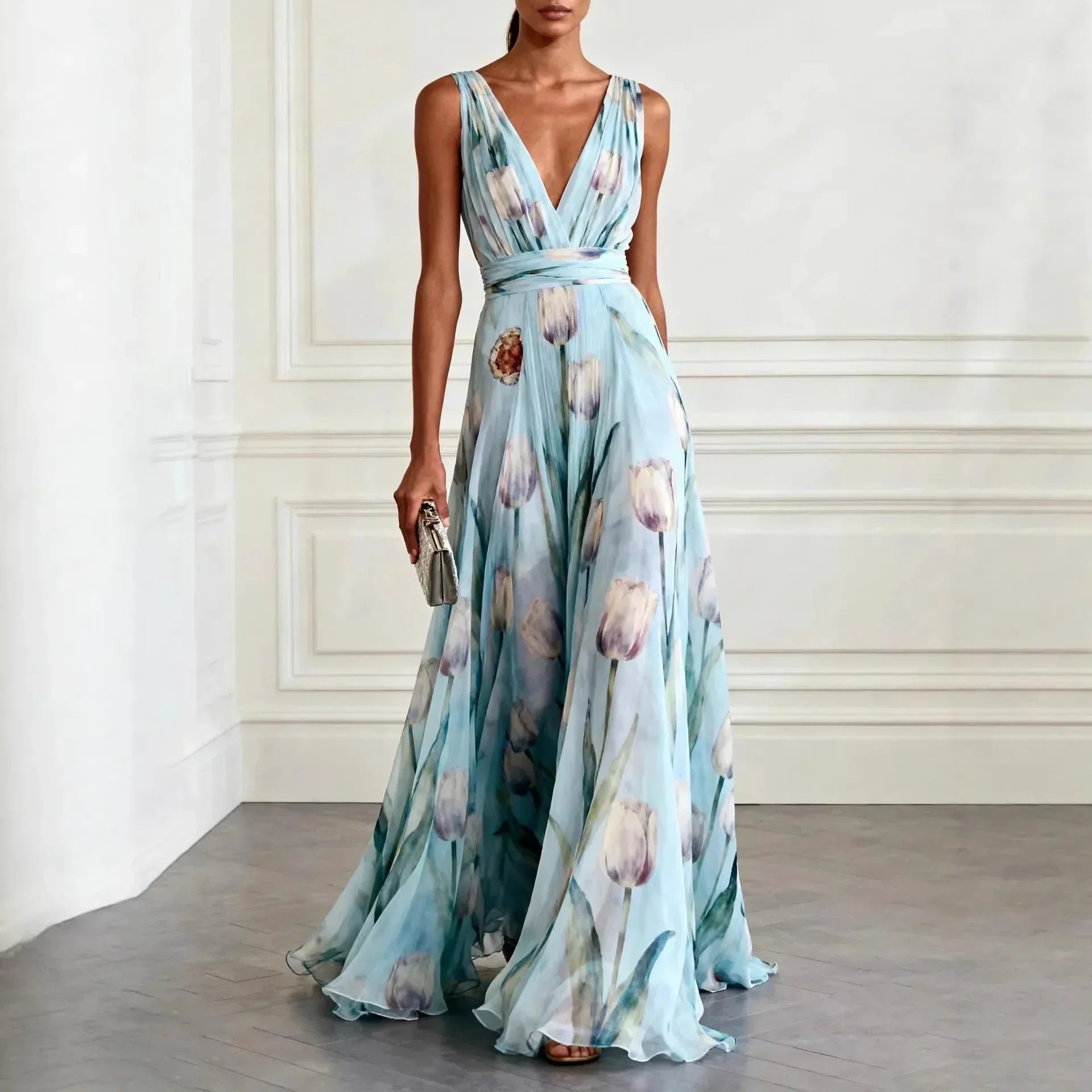 Kaelyn | Floral Deep V Neck Chiffon Maxi Dress Wedding Guest