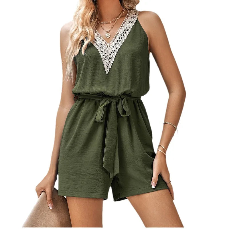 Elira | V-Neck Lace Trim Tie-Waist Romper