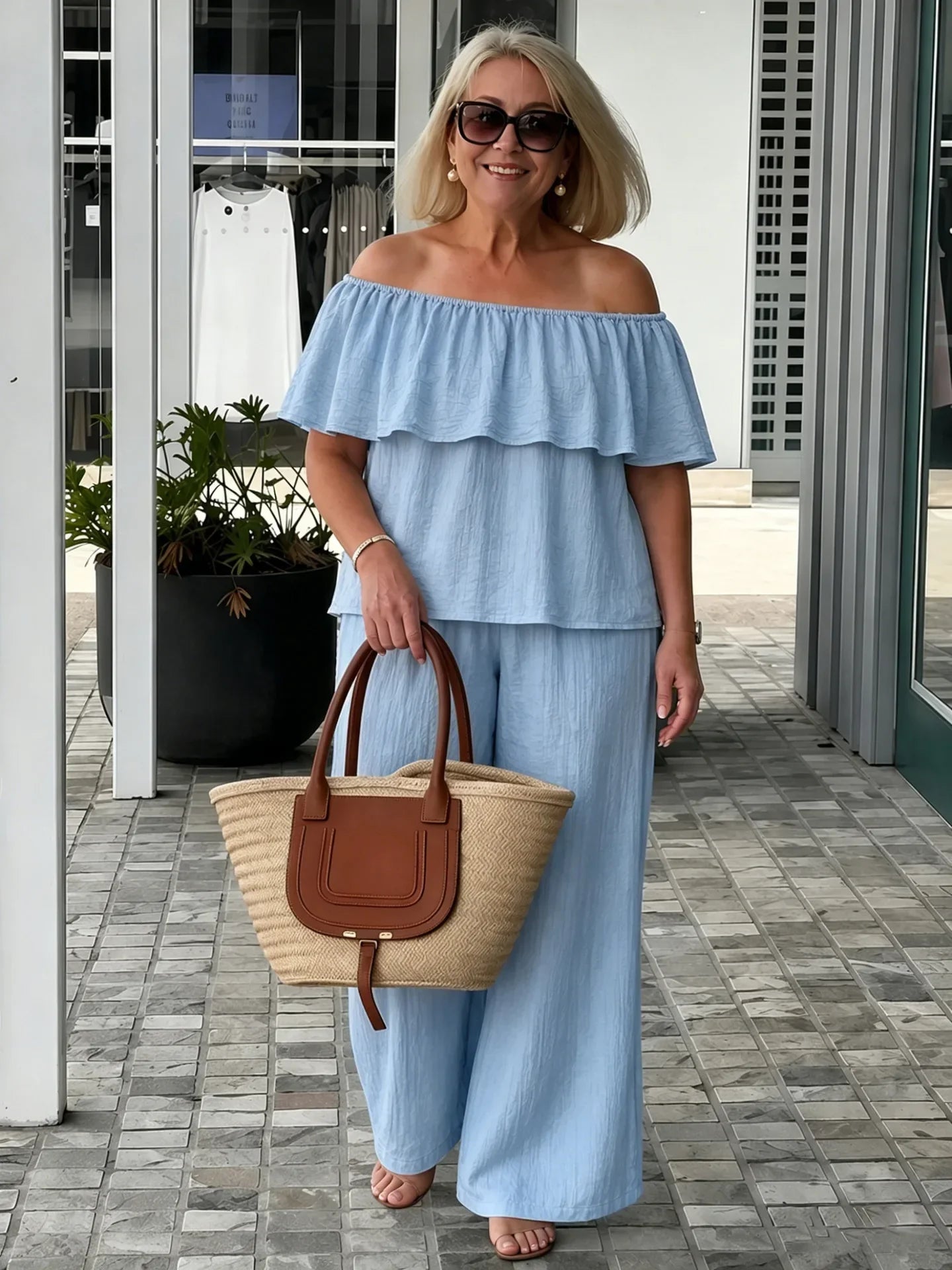 Alessia | Off-Shoulder Lounge Set with Wide Leg Pants