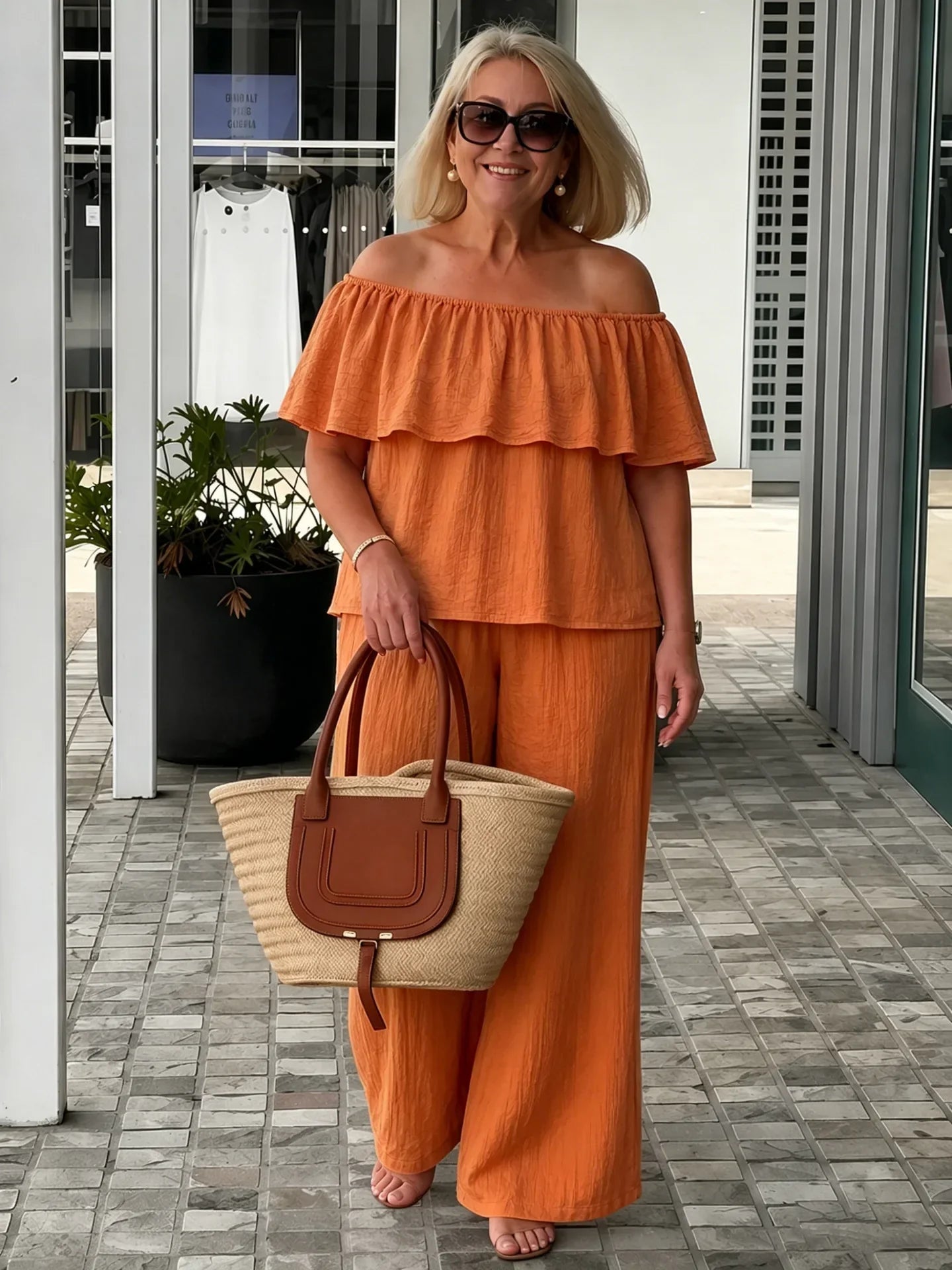 Alessia | Off-Shoulder Lounge Set with Wide Leg Pants