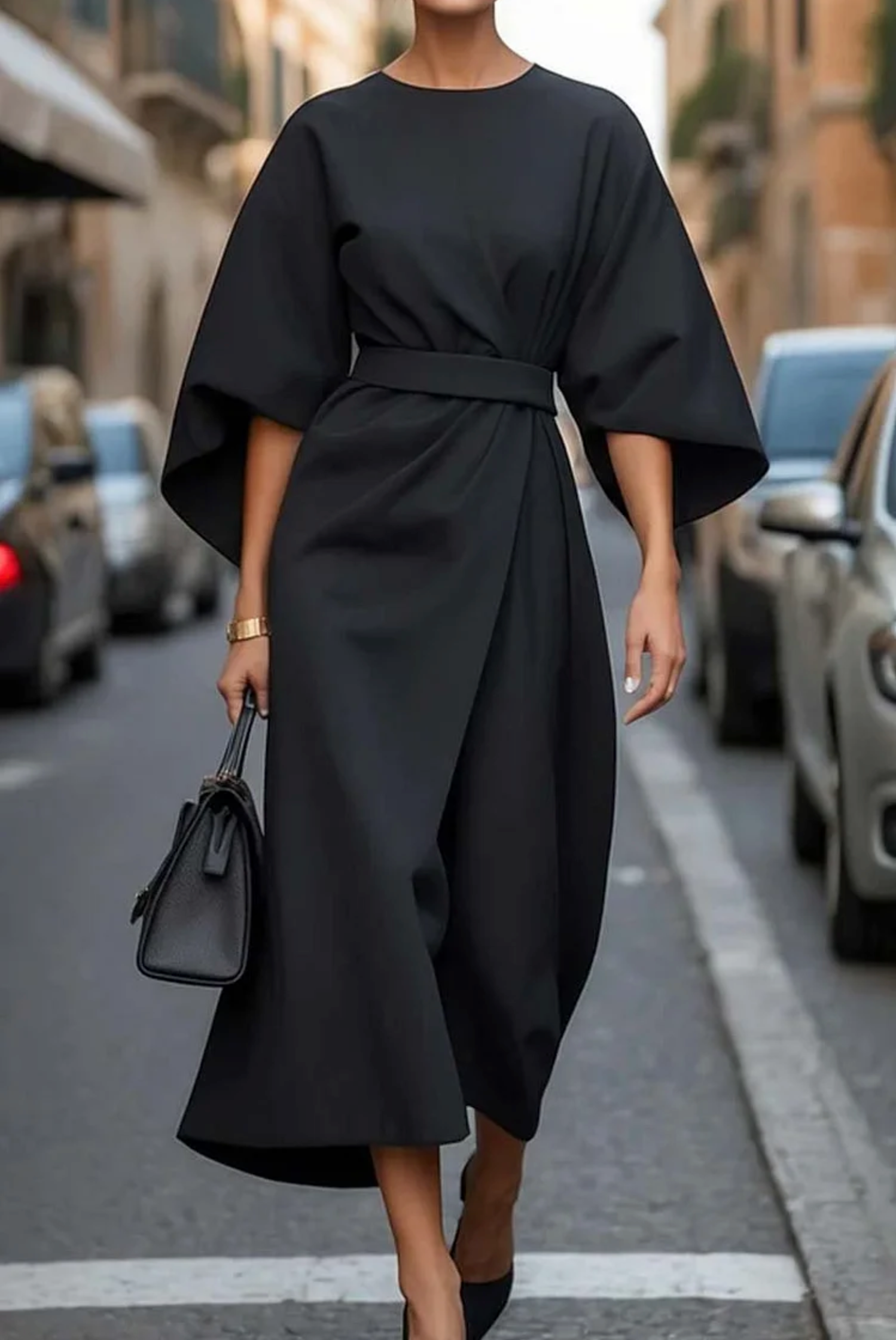Presley | Elegant Wide Sleeve Belted Midi Dress
