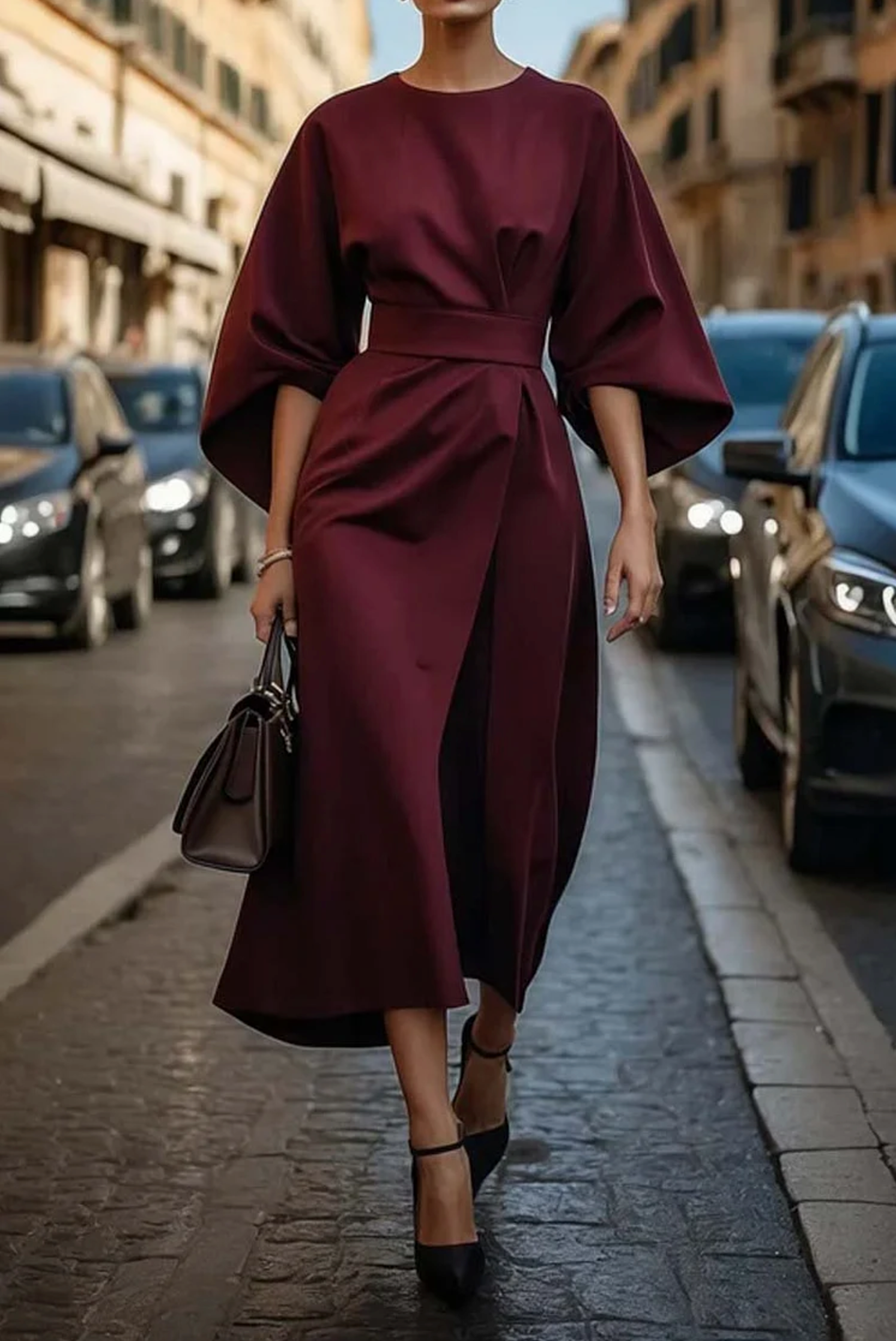 Presley | Elegant Wide Sleeve Belted Midi Dress