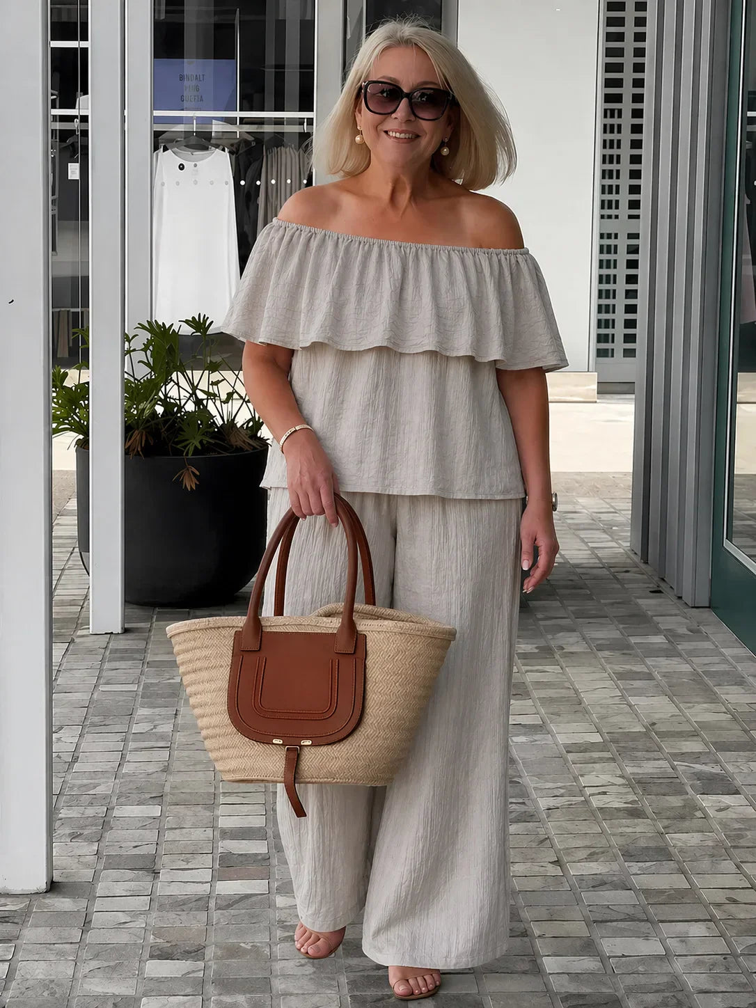 Alessia | Off-Shoulder Lounge Set with Wide Leg Pants
