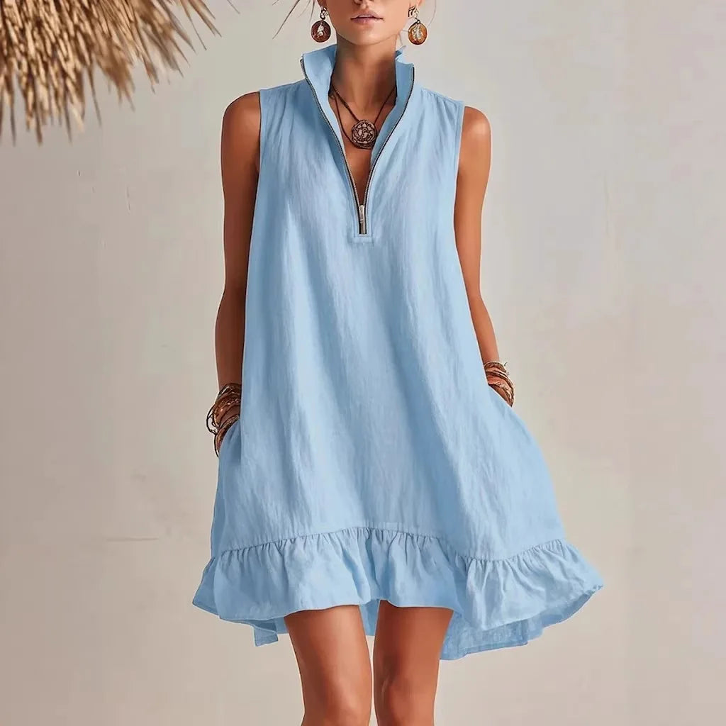 Mila | Sleeveless Ruffle Hem Mini Dress with Zip Neck