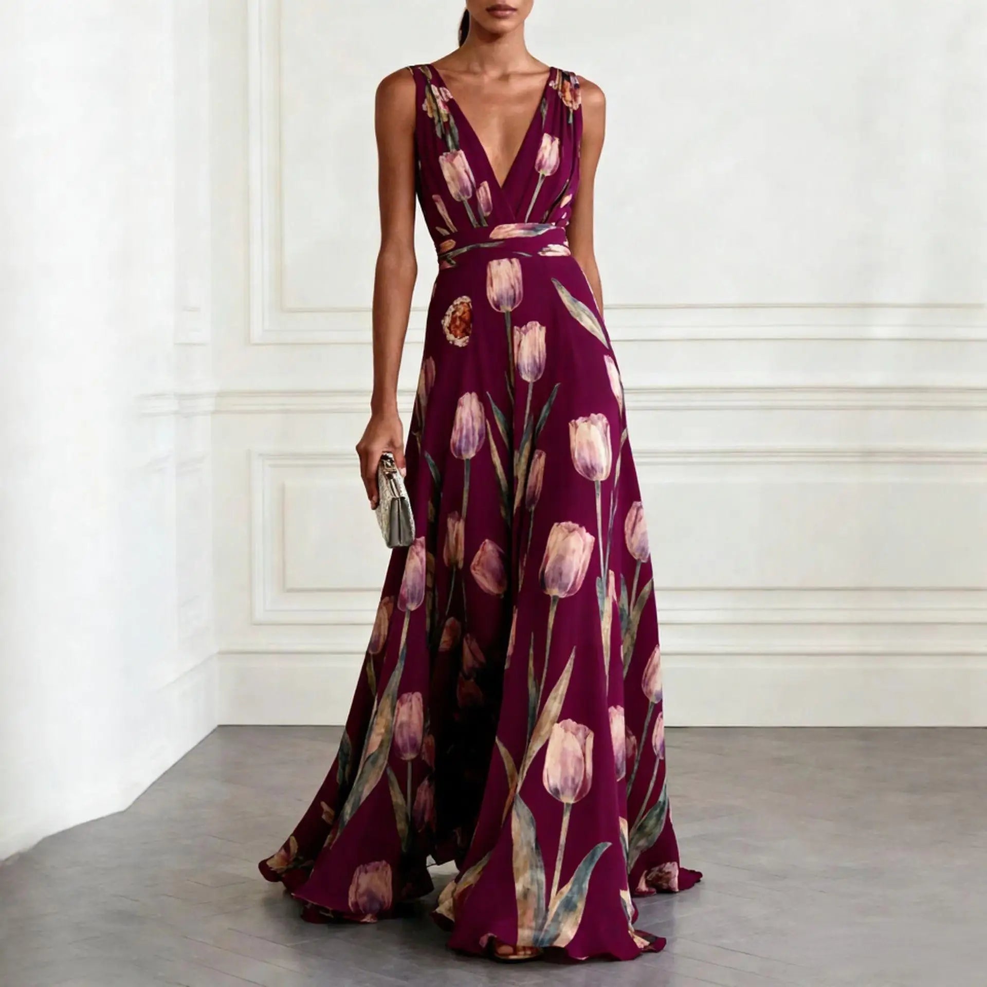 Kaelyn | Floral Deep V Neck Chiffon Maxi Dress Wedding Guest