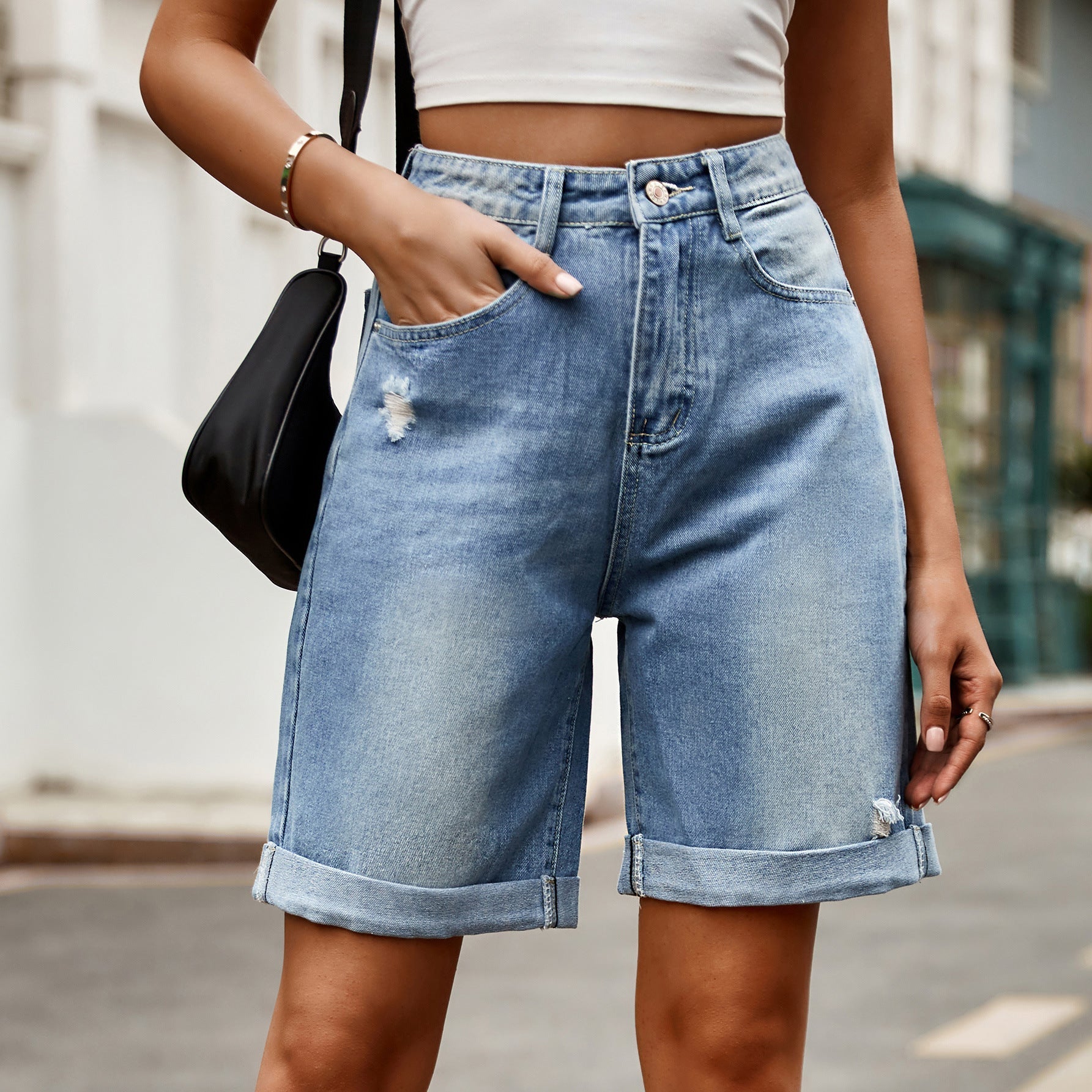 Syrine | Cuffed High Waist Denim Shorts