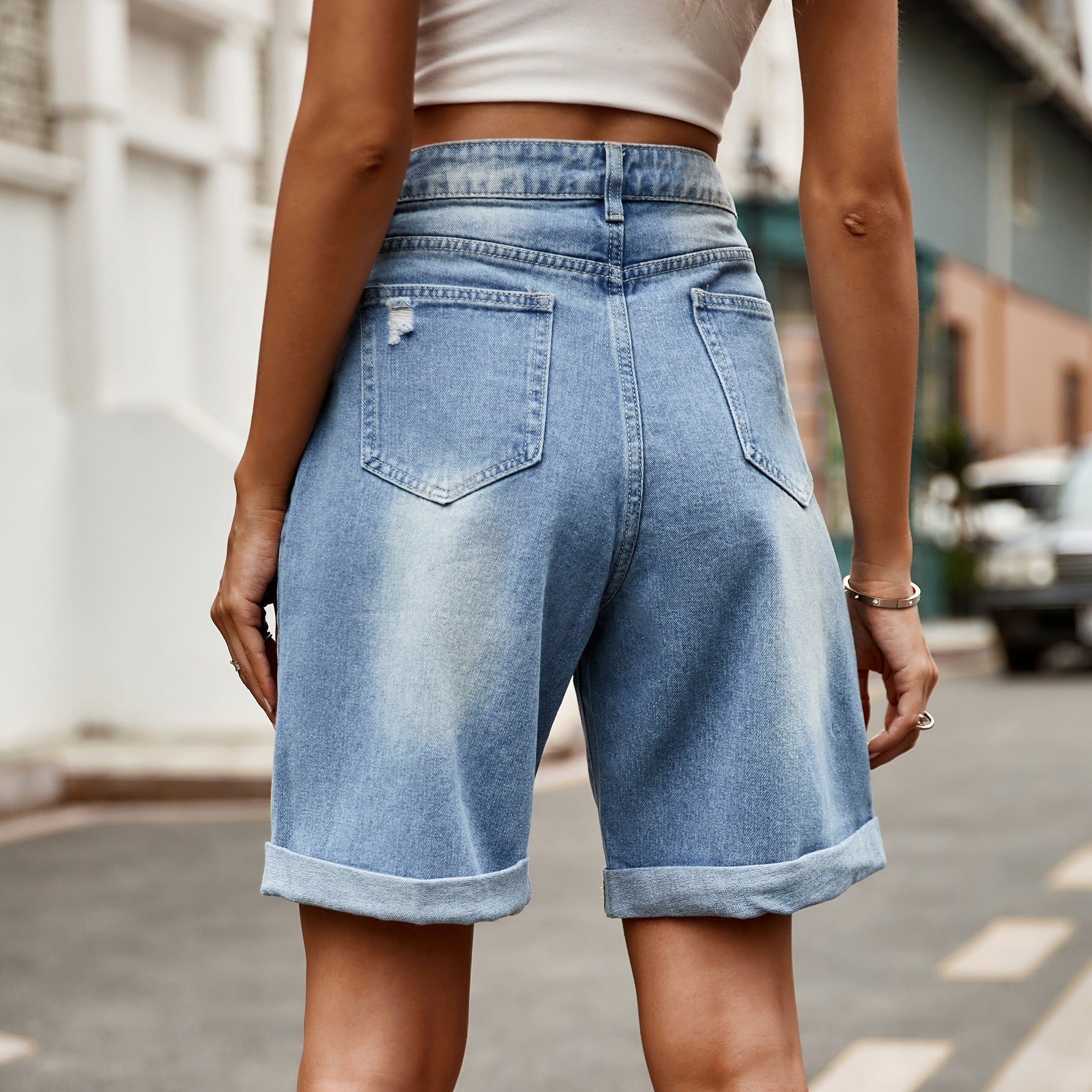 Syrine | Cuffed High Waist Denim Shorts